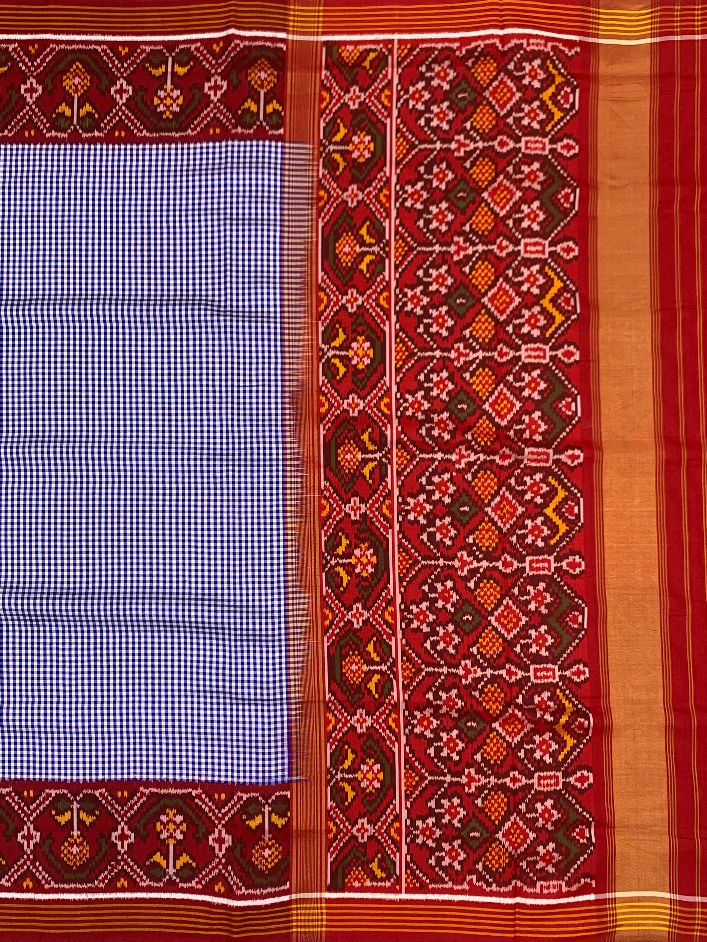 Indigo Check & Crimson Red Patola Saree