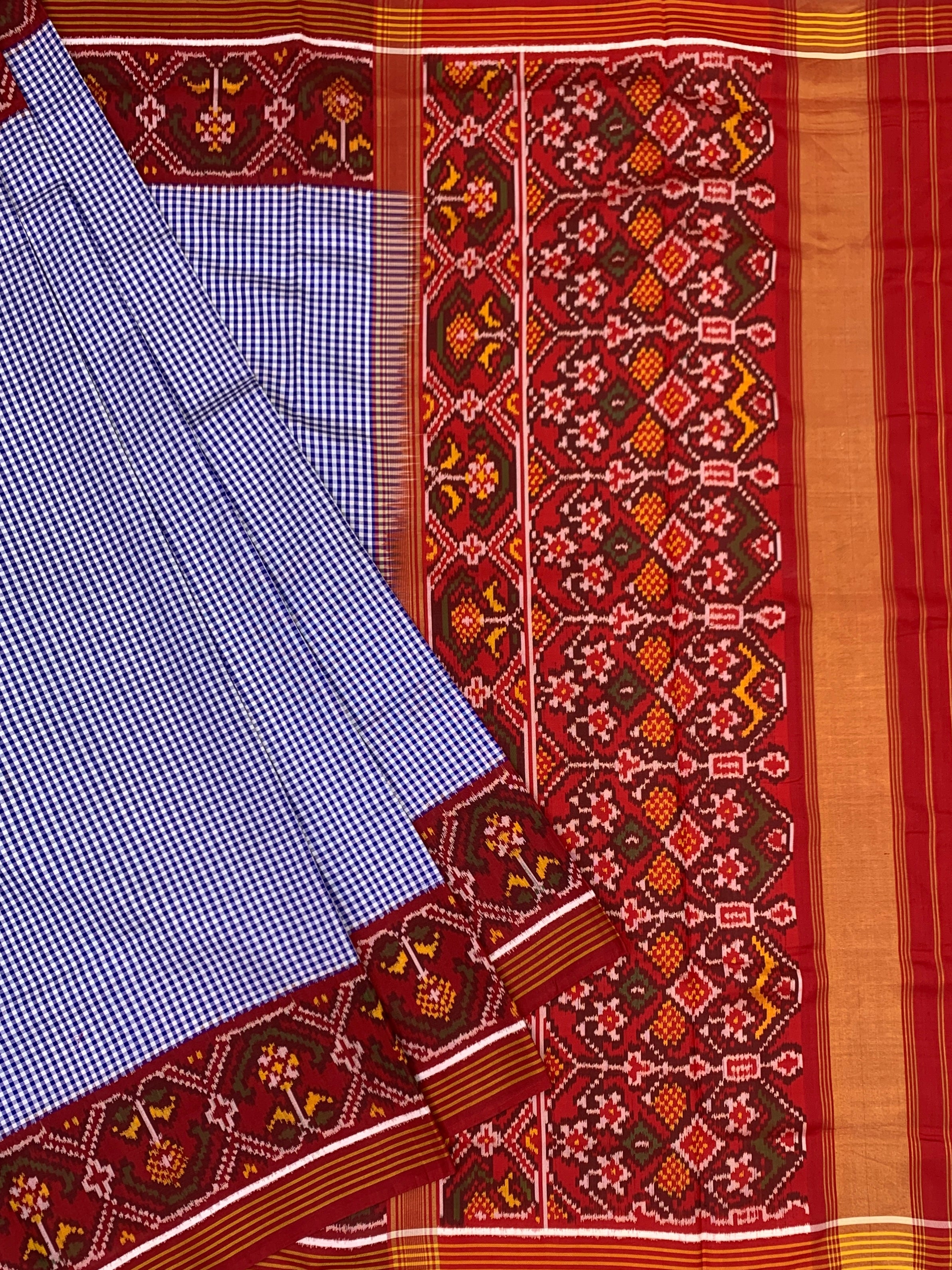 Indigo Check & Crimson Red Patola Saree