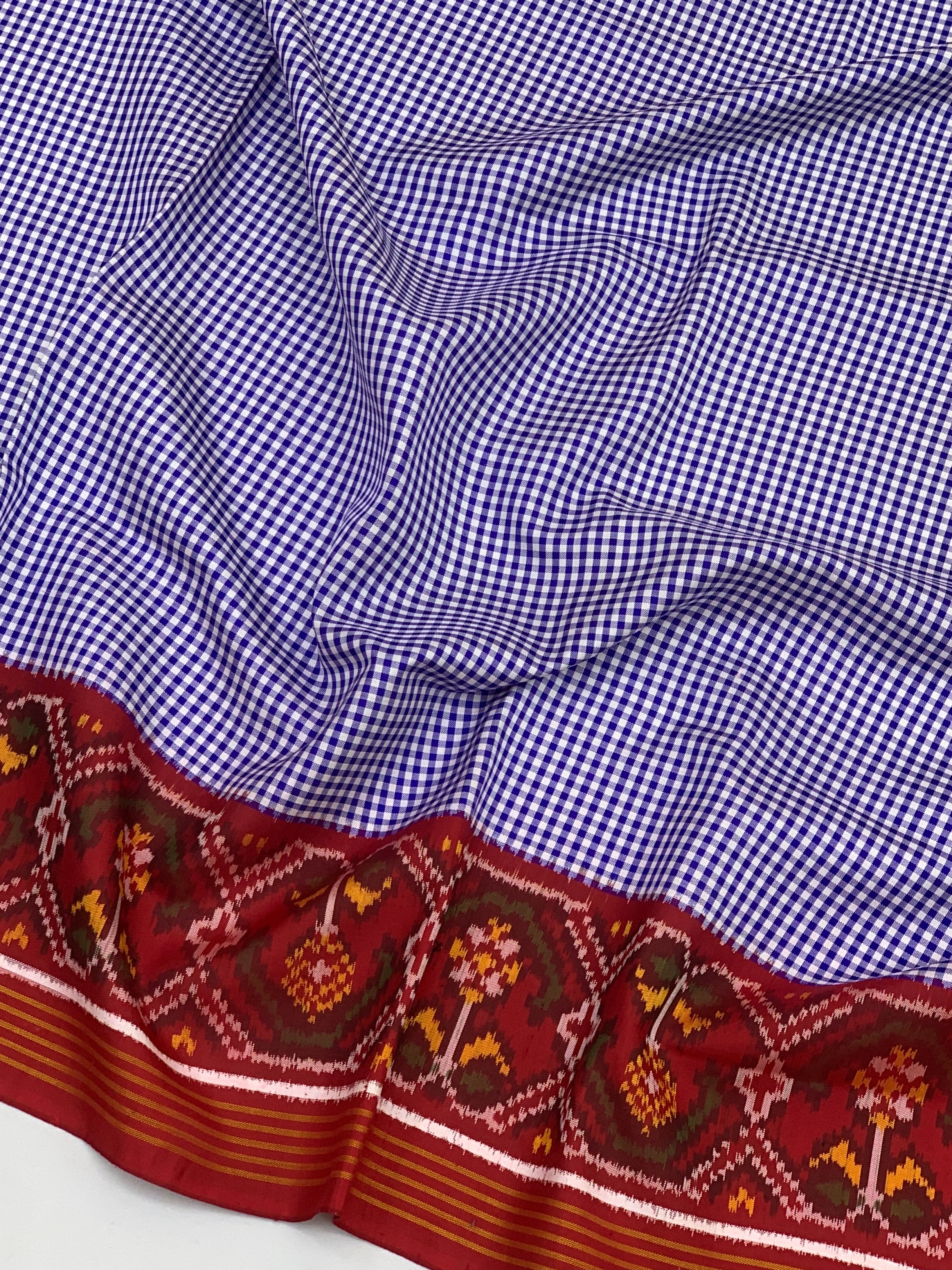 Indigo Check & Crimson Red Patola Saree