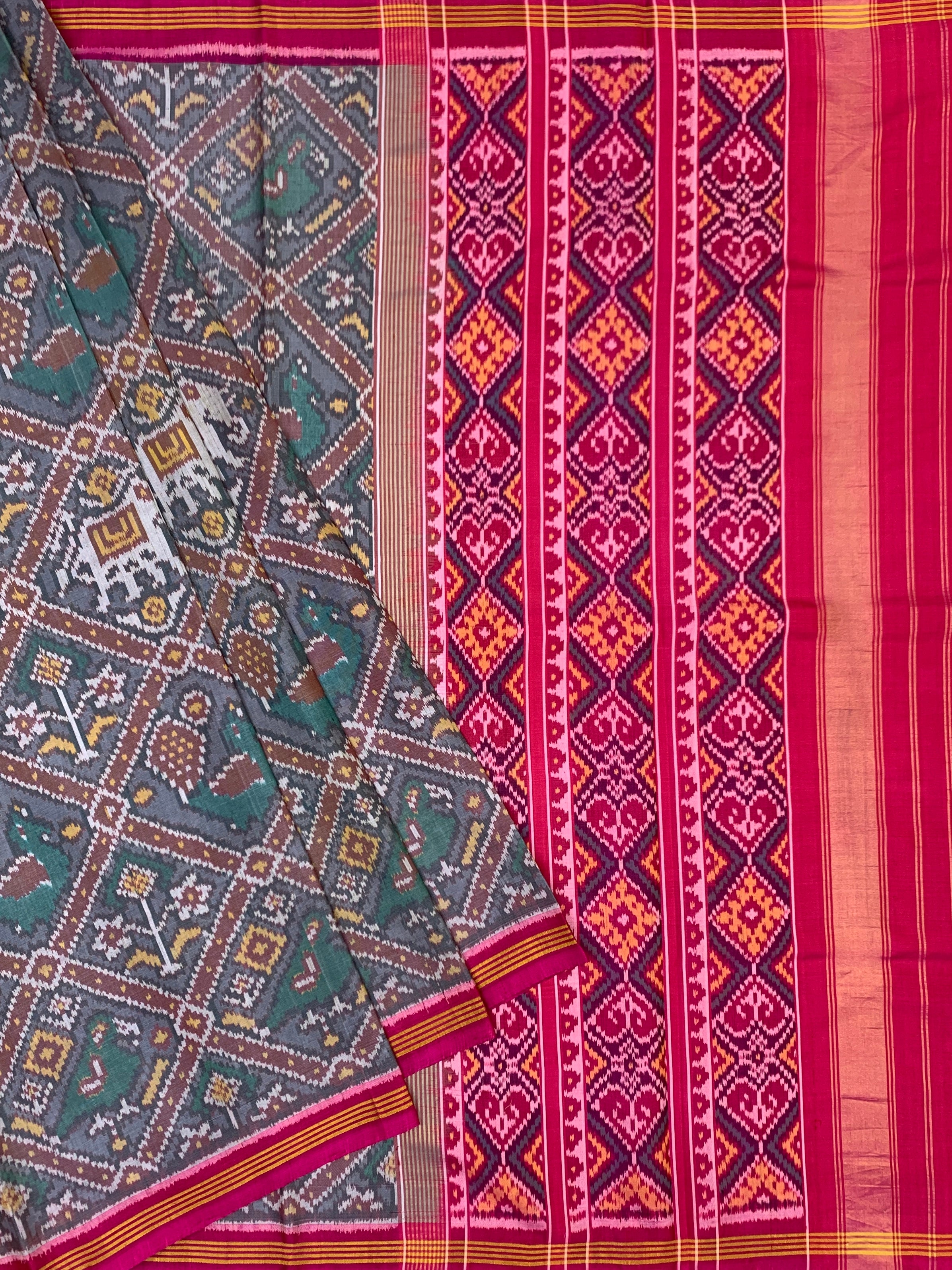 Charcoal Grey & Magenta Patola Silk Saree