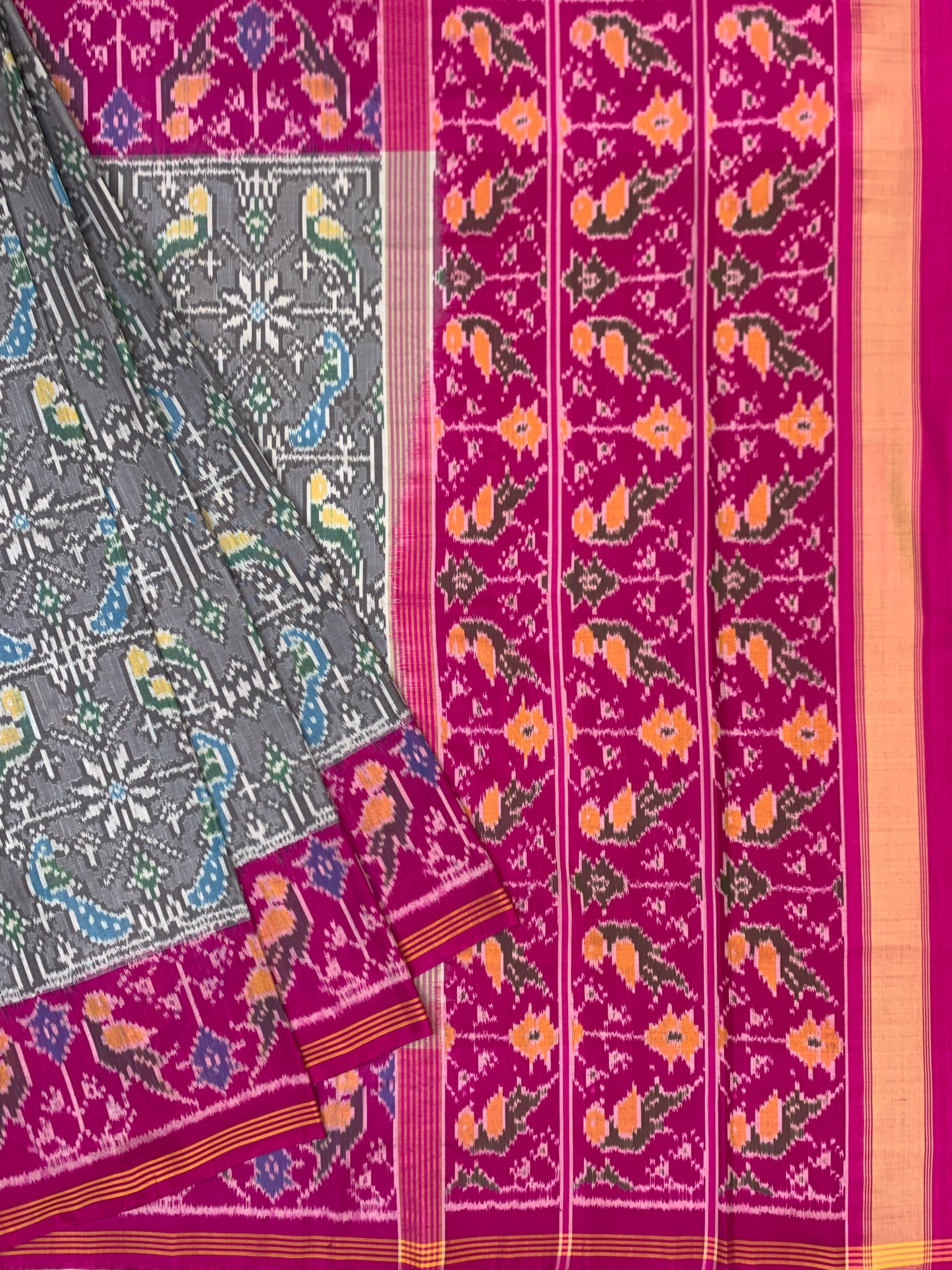 Steel Grey & Rani Pink Handcrafted Patola Silk Saree