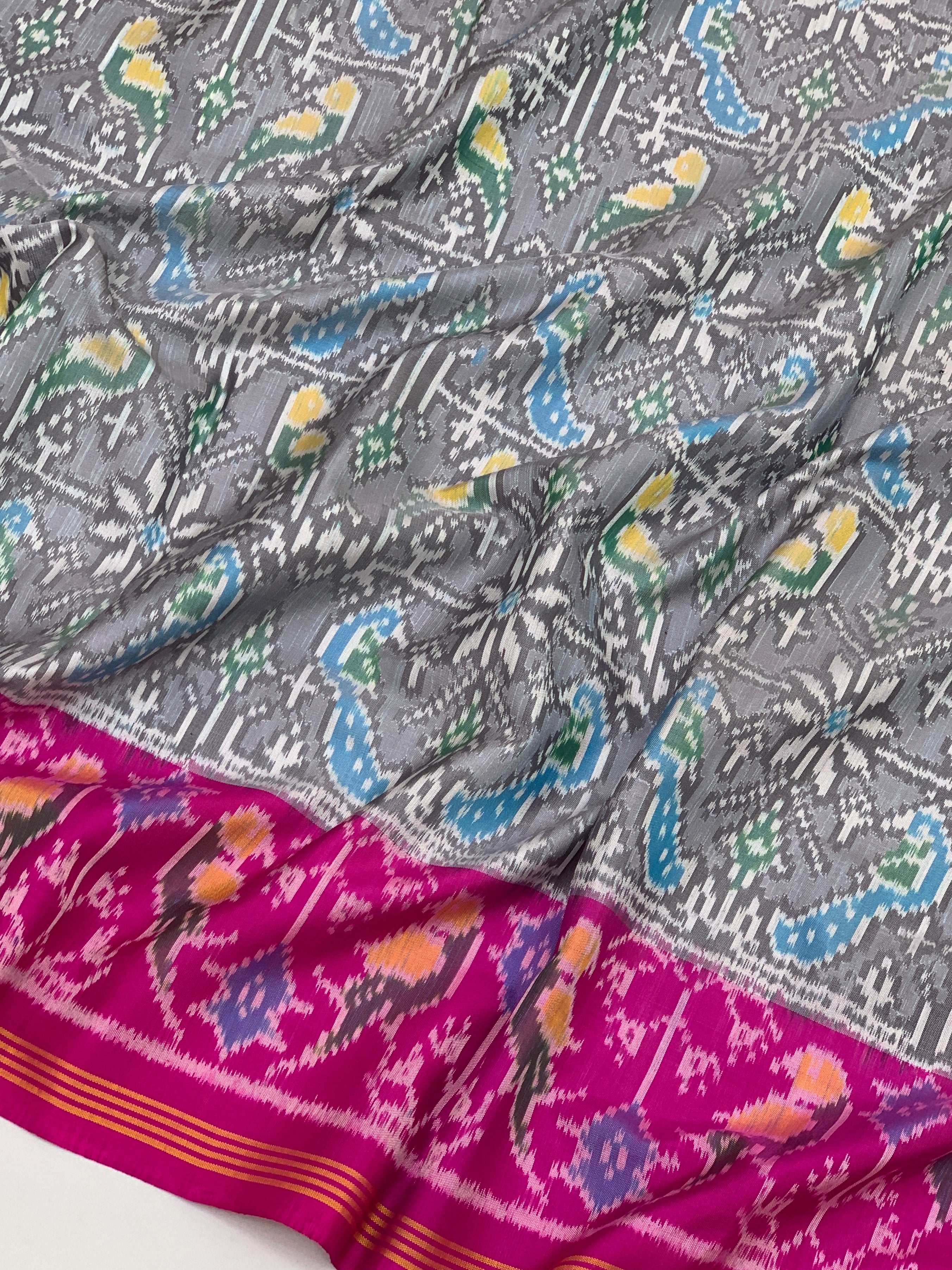 Steel Grey & Rani Pink Handcrafted Patola Silk Saree