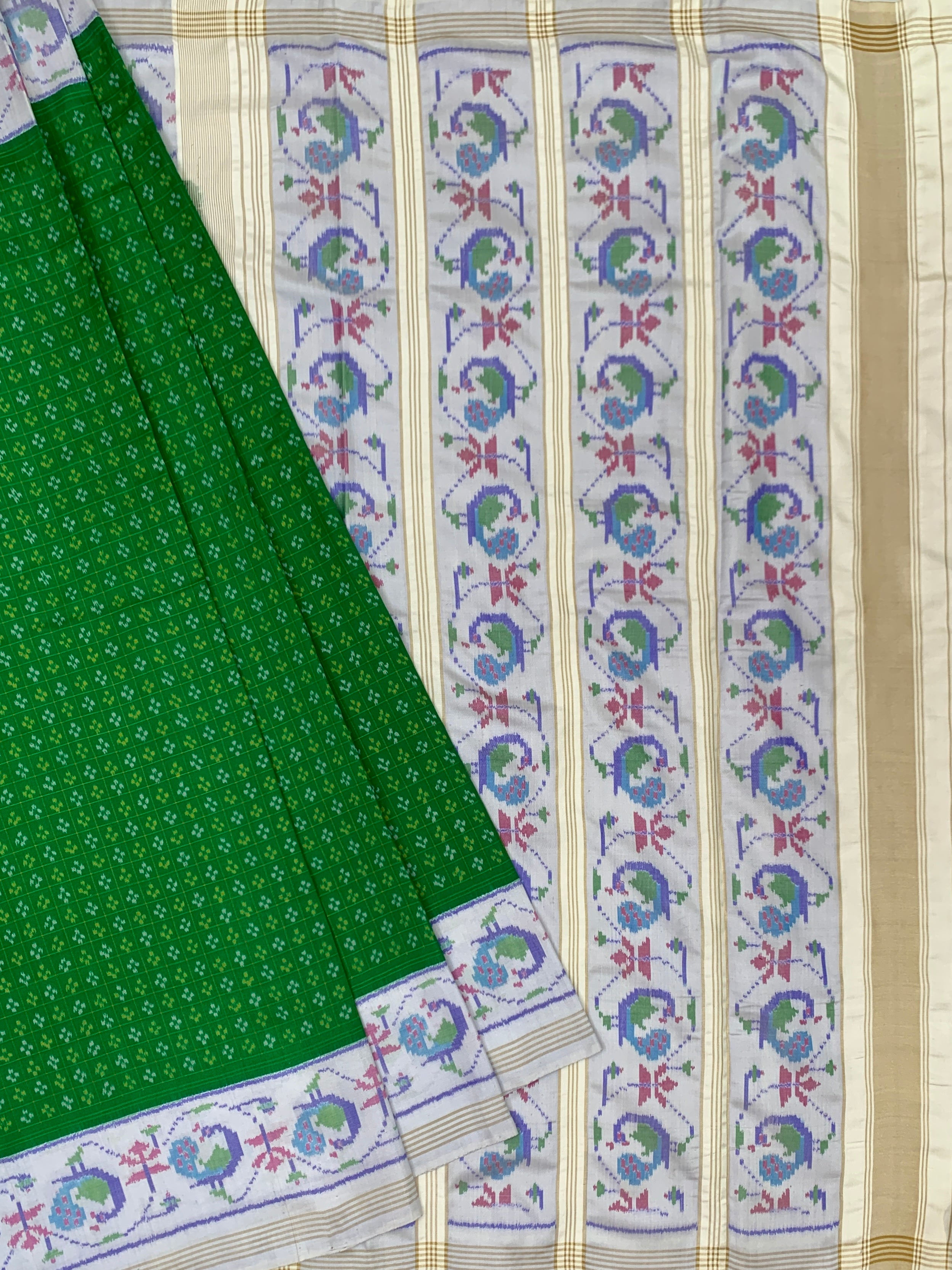 Emerald Green & Pearl White Handcrafted Patola Silk Saree