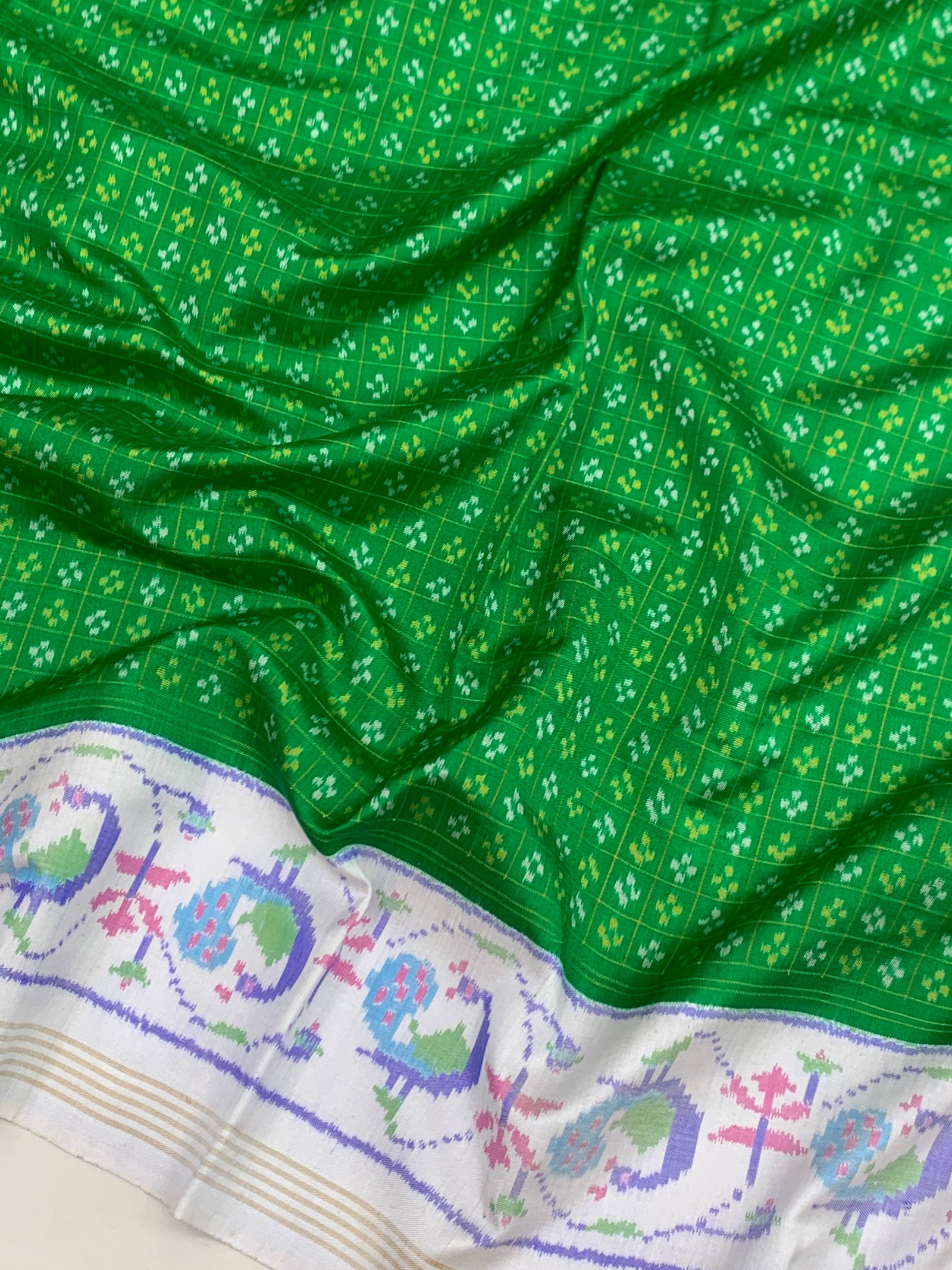 Emerald Green & Pearl White Handcrafted Patola Silk Saree
