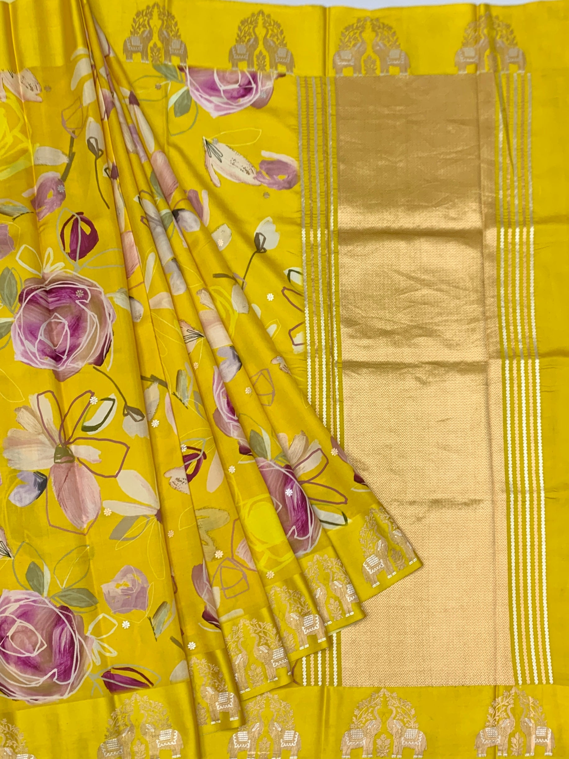Radiant yellow Printed Raw Mango Silk Saree