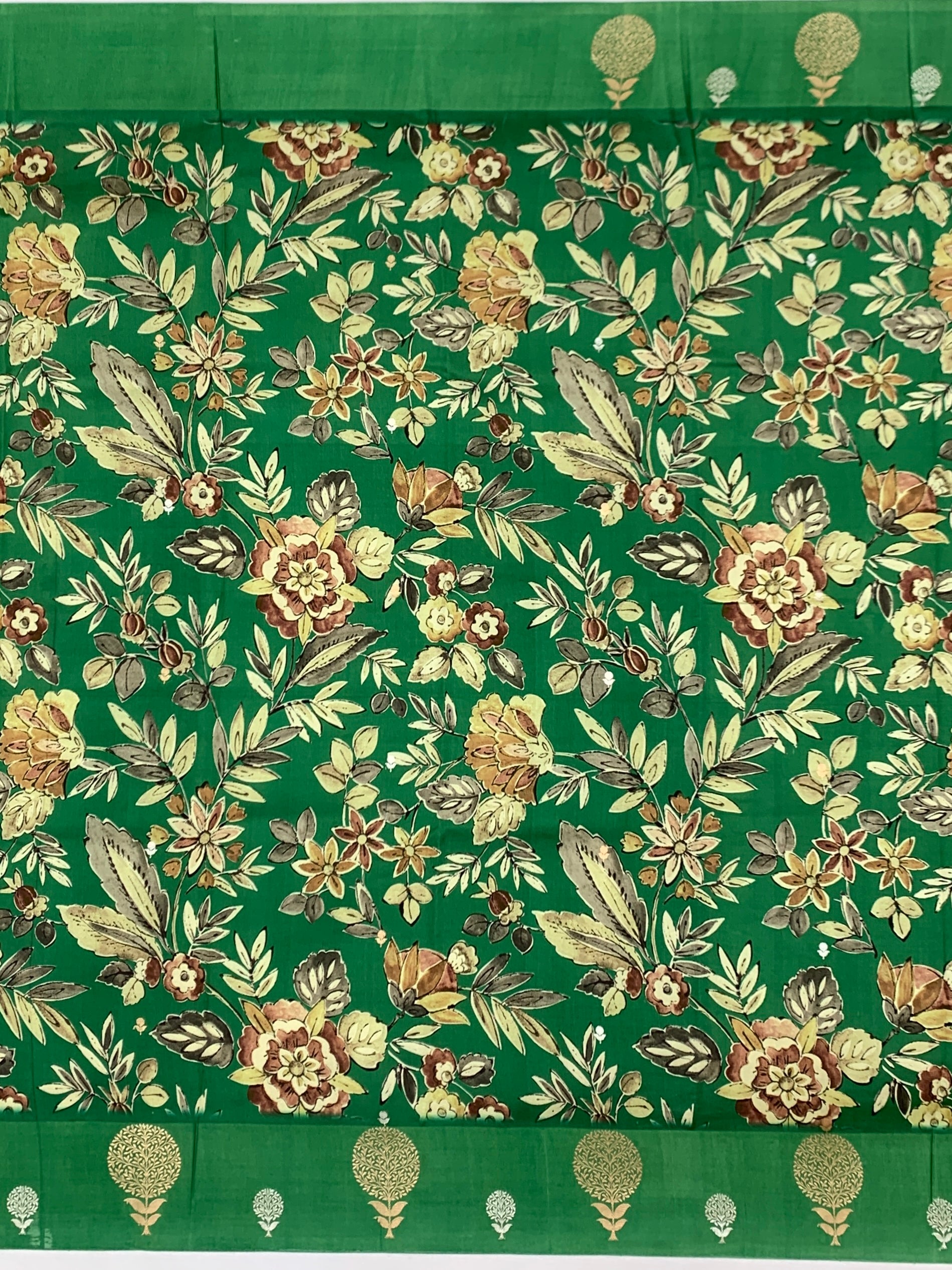 Printed Raw Mango Silk Saree in Emerald Green