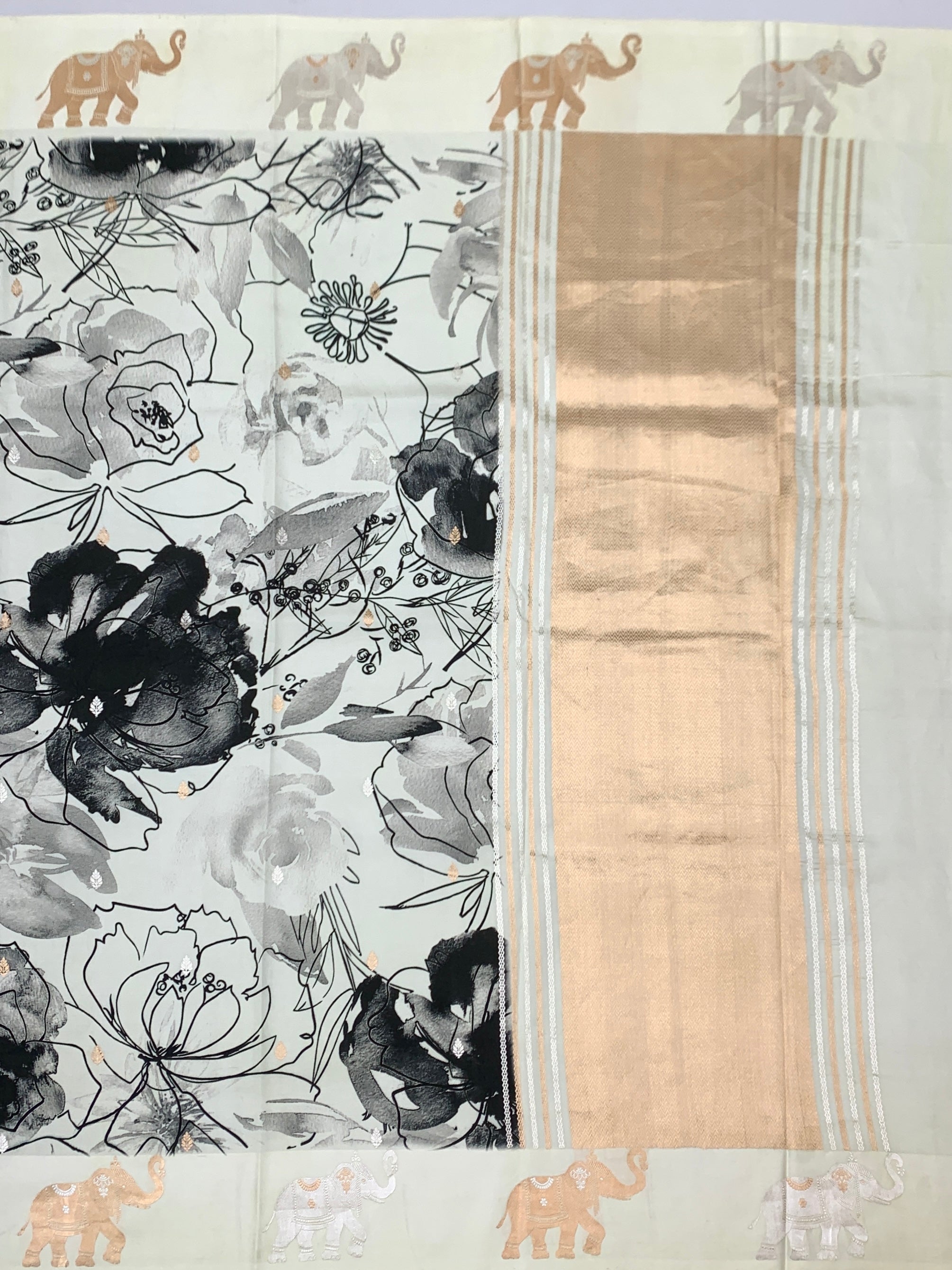 Elegant Printed Raw Mango Silk Saree with Floral Artistry