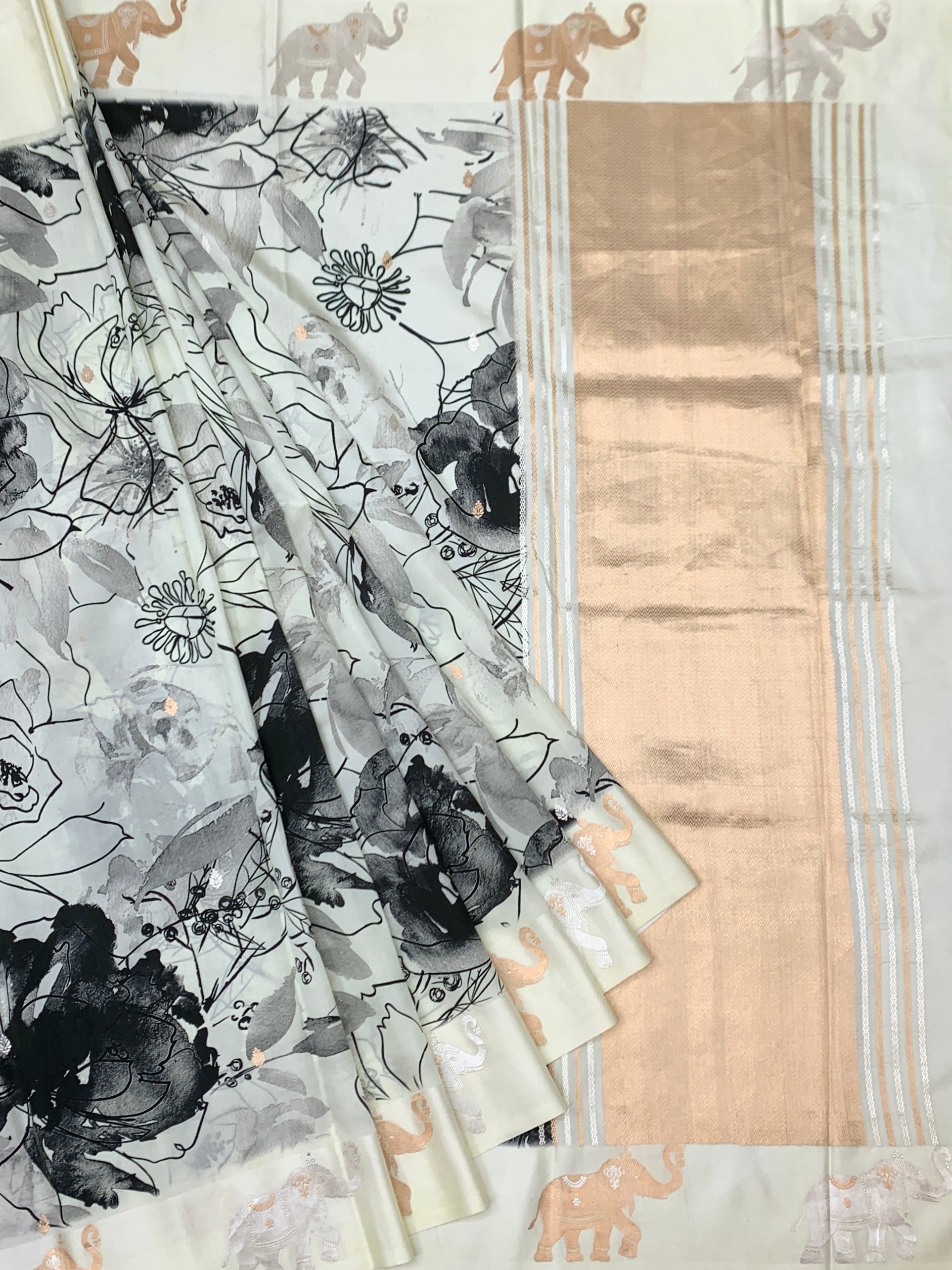 Elegant Printed Raw Mango Silk Saree with Floral Artistry
