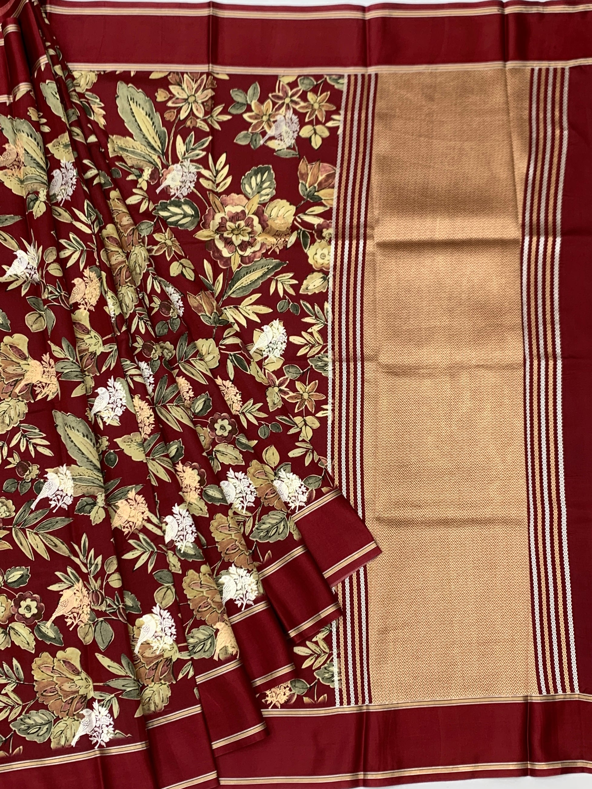 Floral Elegance: Maroon Printed Raw Mango Silk Saree