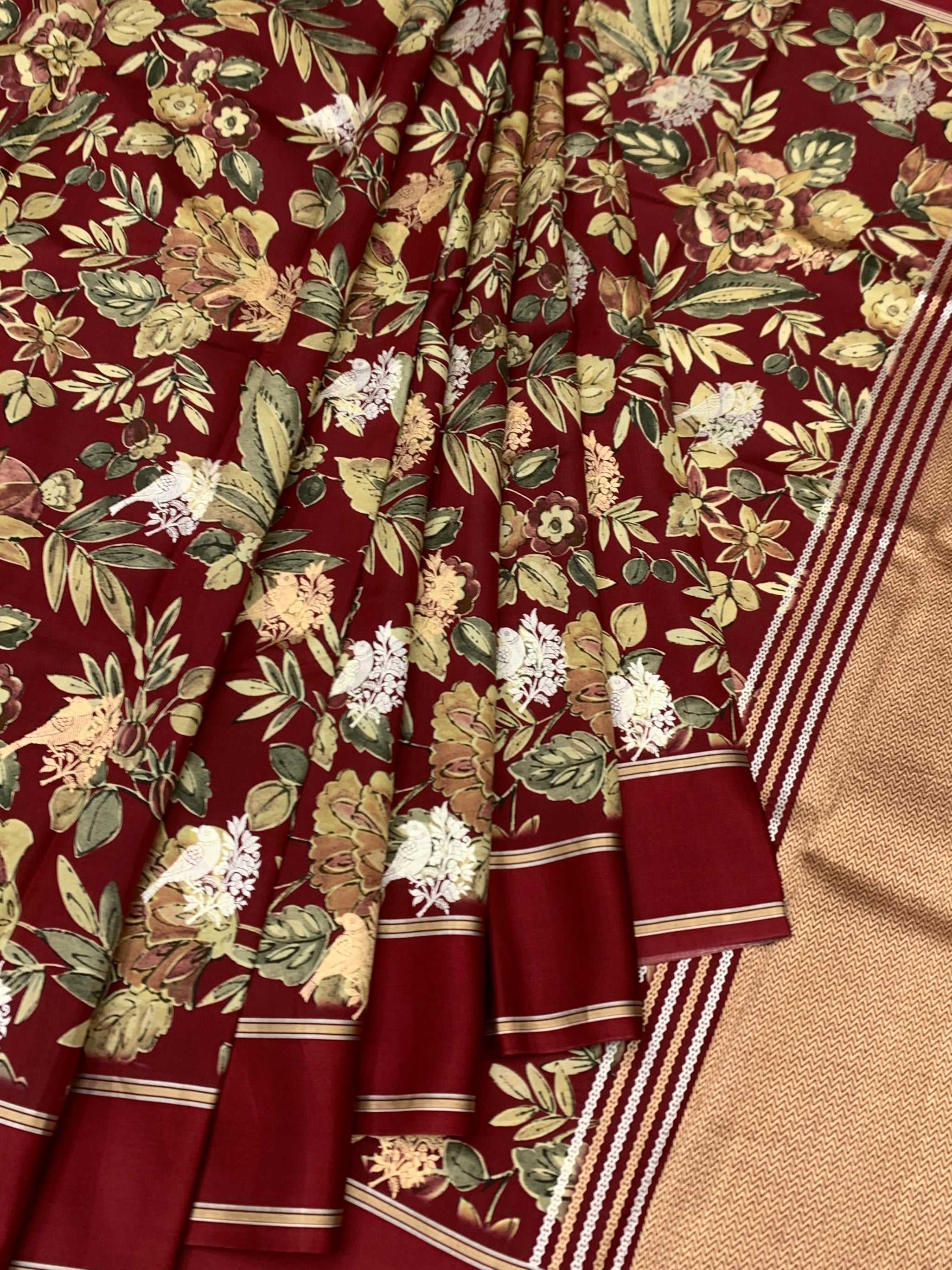 Floral Elegance: Maroon Printed Raw Mango Silk Saree