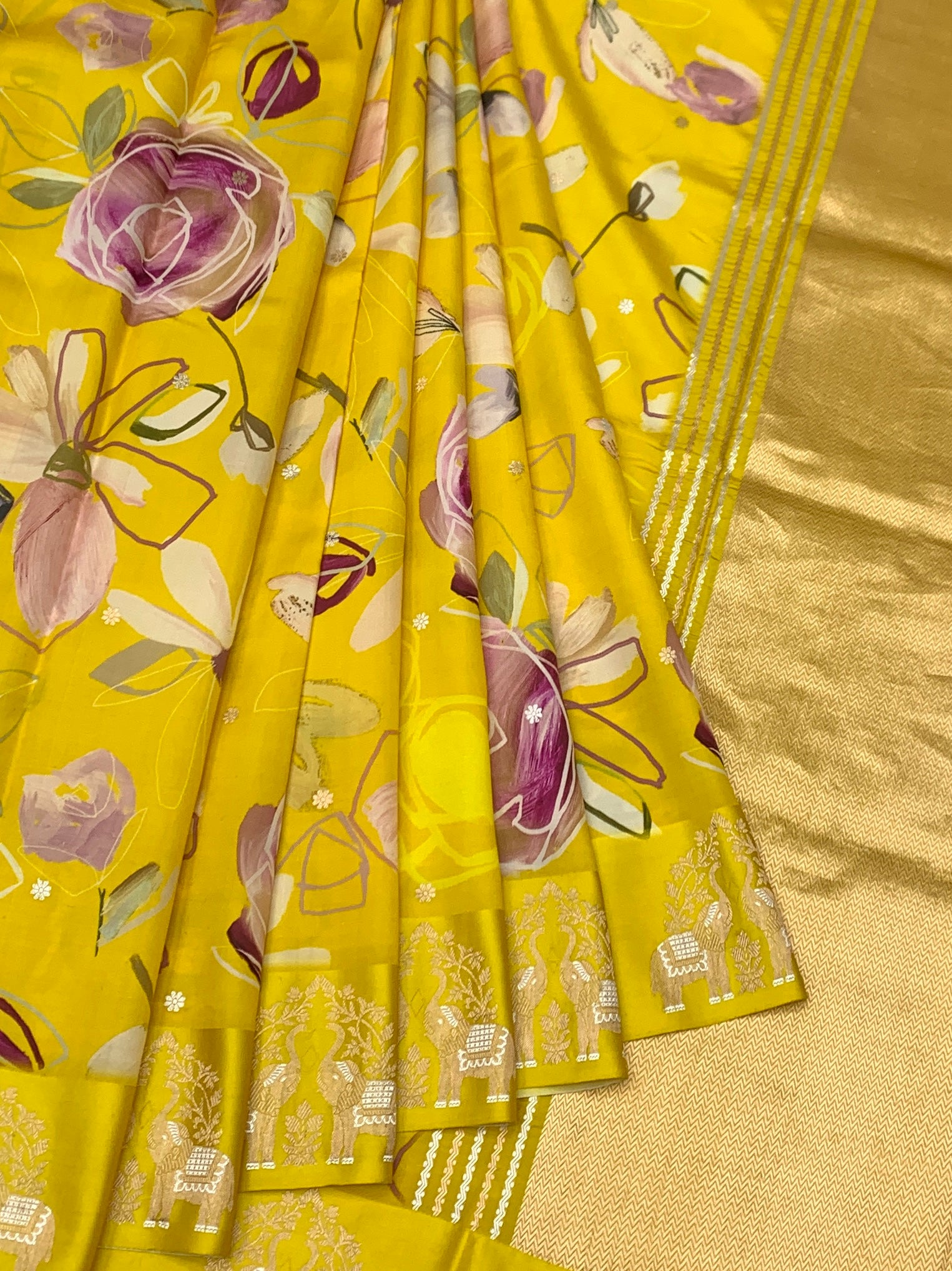 Radiant yellow Printed Raw Mango Silk Saree