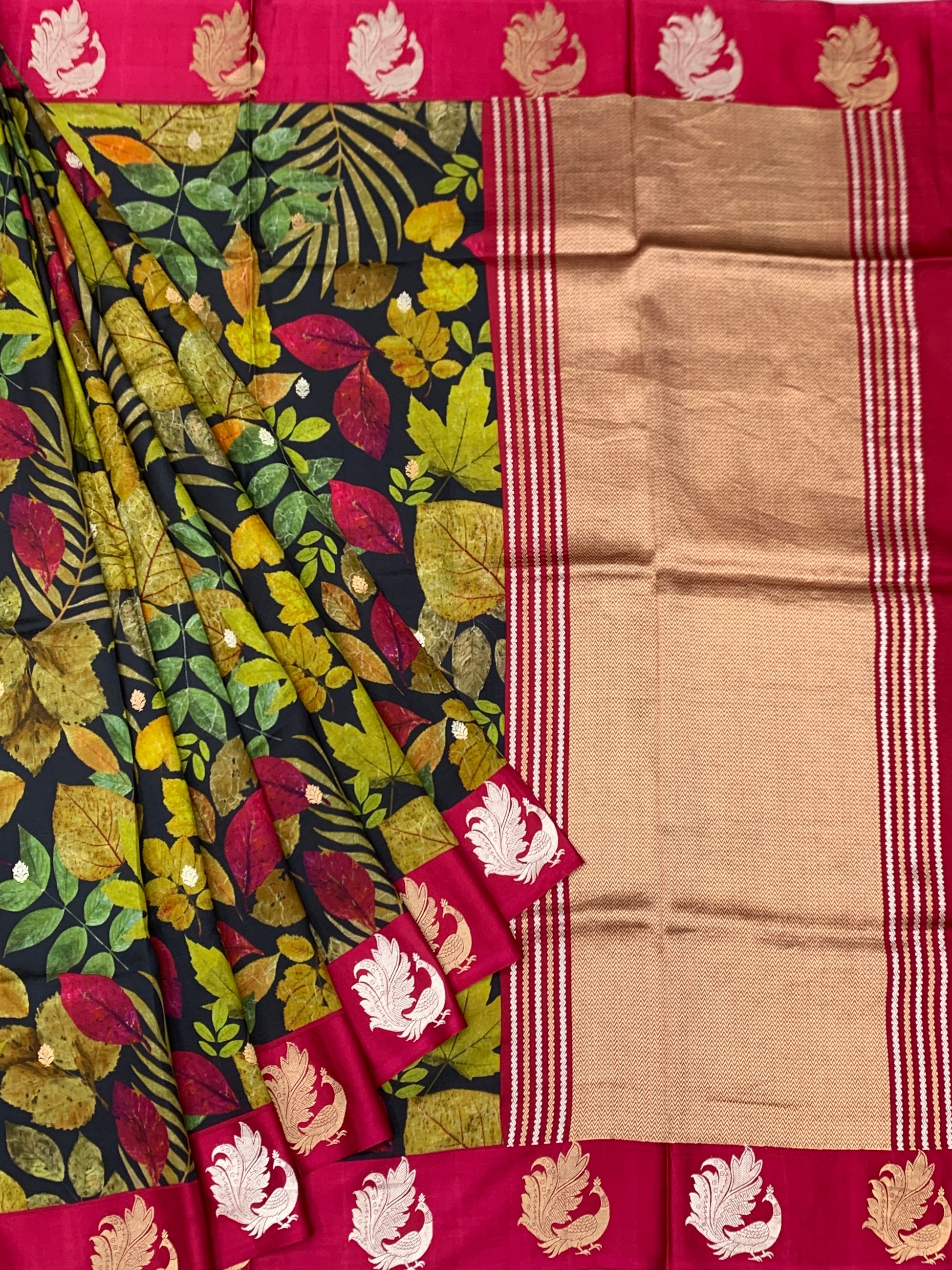 Printed Raw Mango Silk Saree In Charcoal-Grey Colour