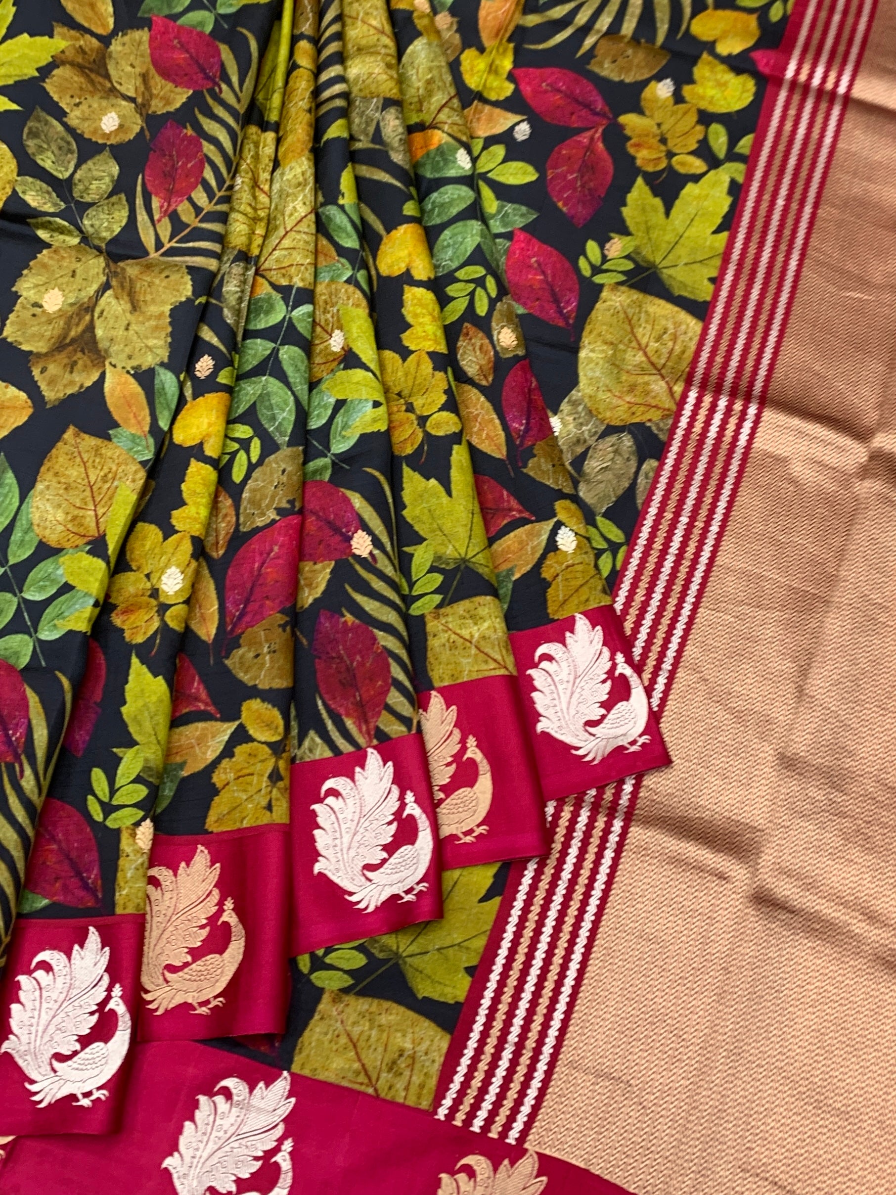 Printed Raw Mango Silk Saree In Charcoal-Grey Colour