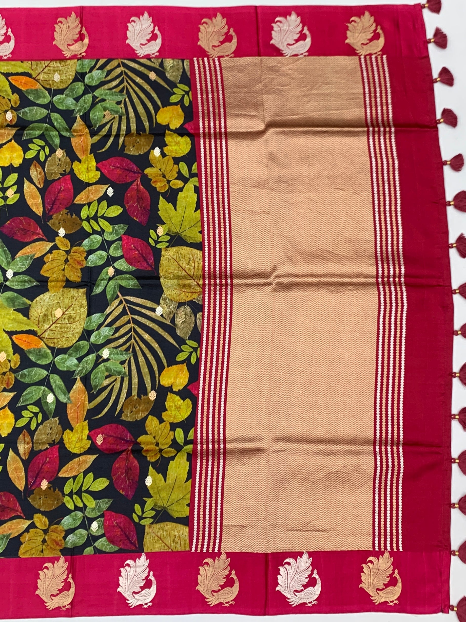 Printed Raw Mango Silk Saree In Charcoal-Grey Colour