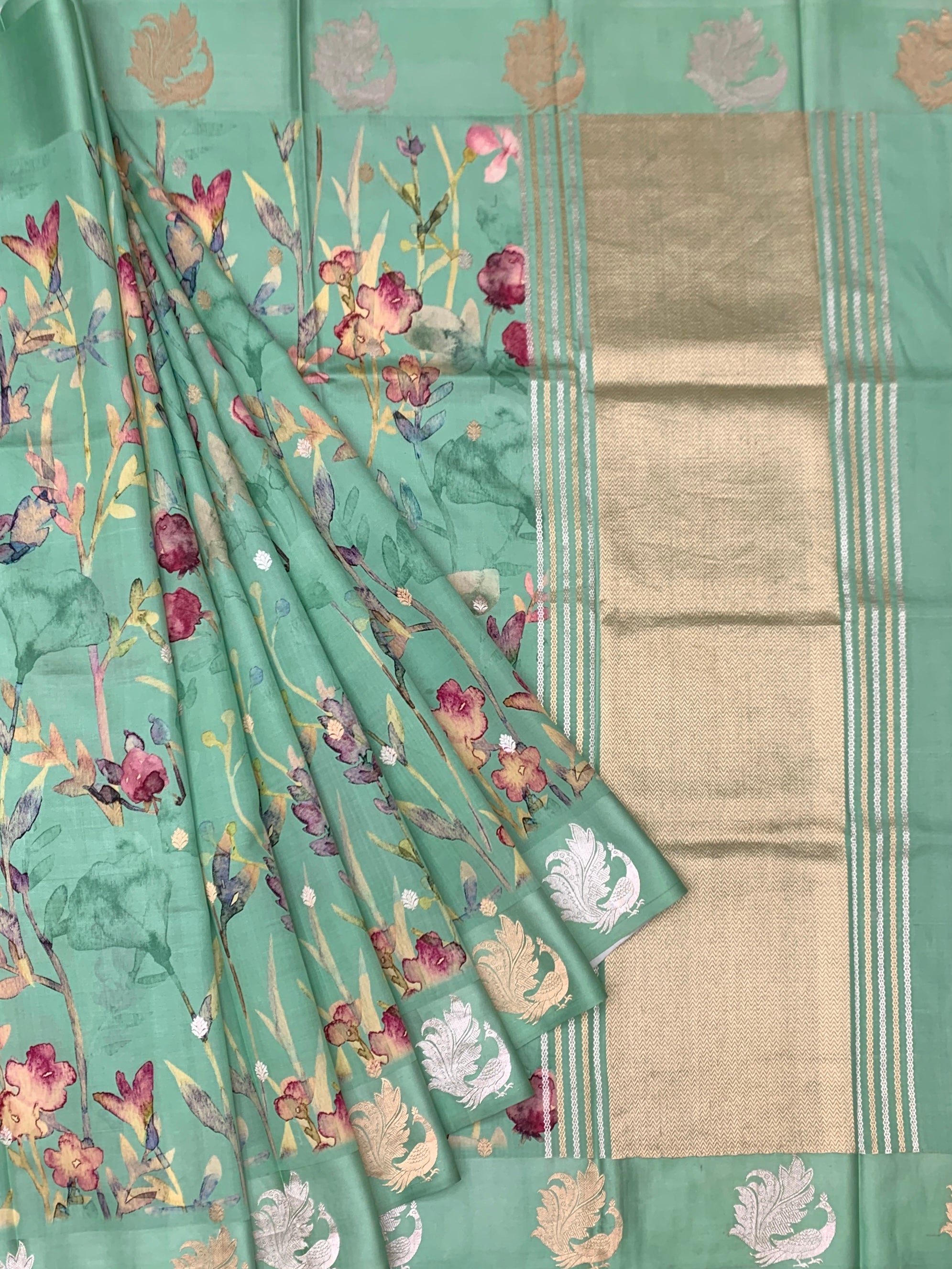 Floral Elegance: Printed Raw Mango  Silk Saree in Seafoam Green