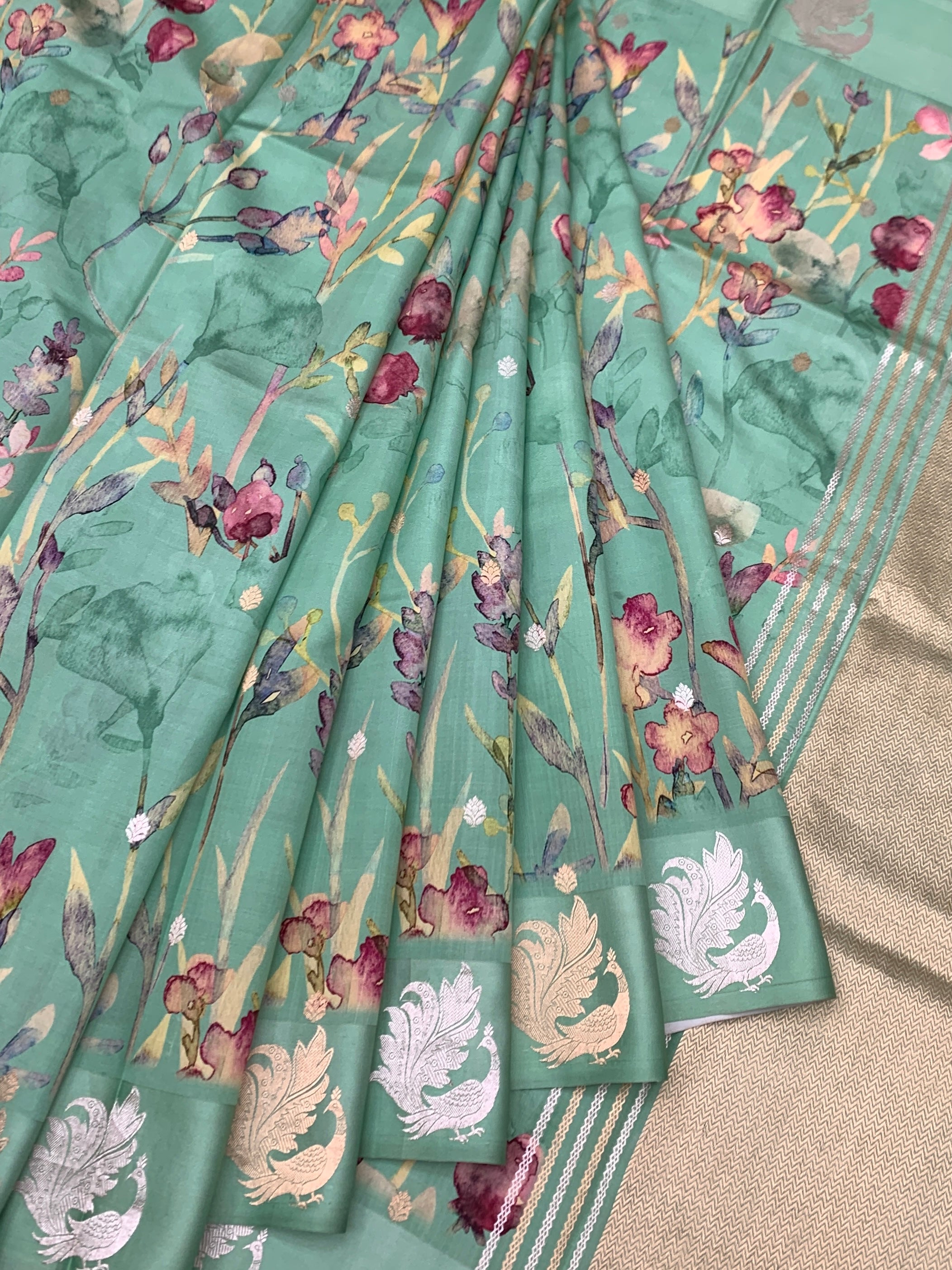 Floral Elegance: Printed Raw Mango  Silk Saree in Seafoam Green