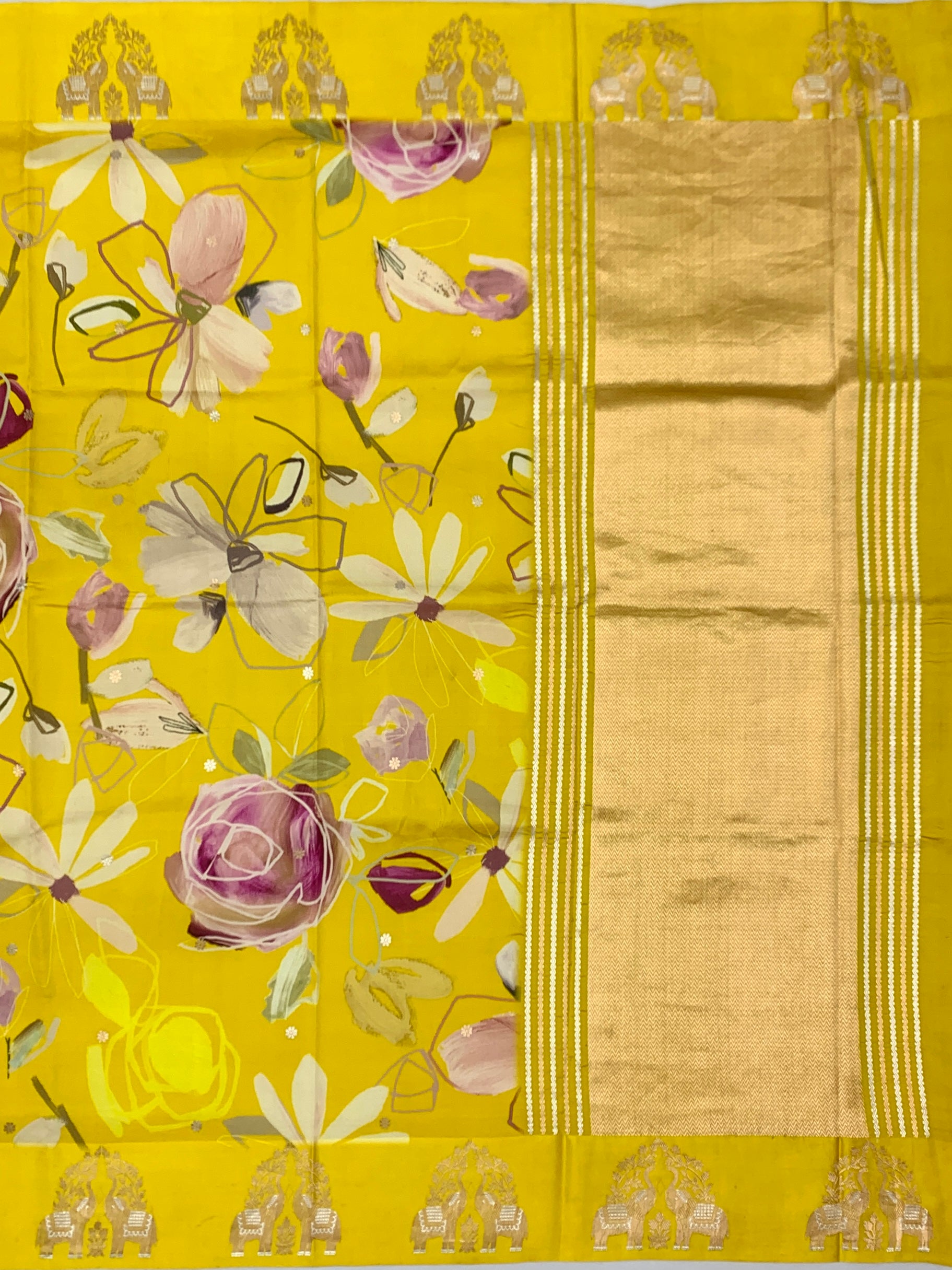 Radiant yellow Printed Raw Mango Silk Saree