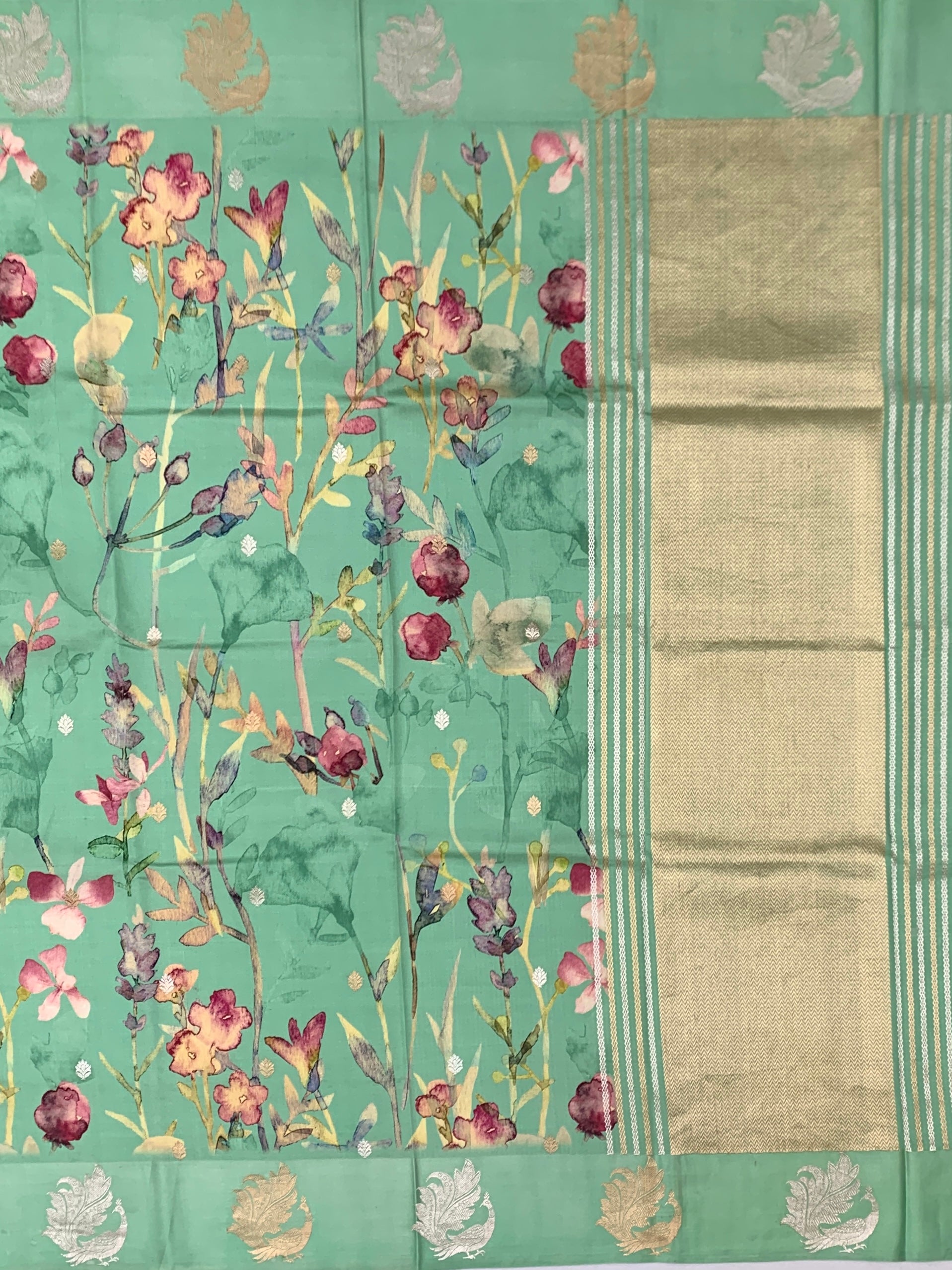 Floral Elegance: Printed Raw Mango  Silk Saree in Seafoam Green
