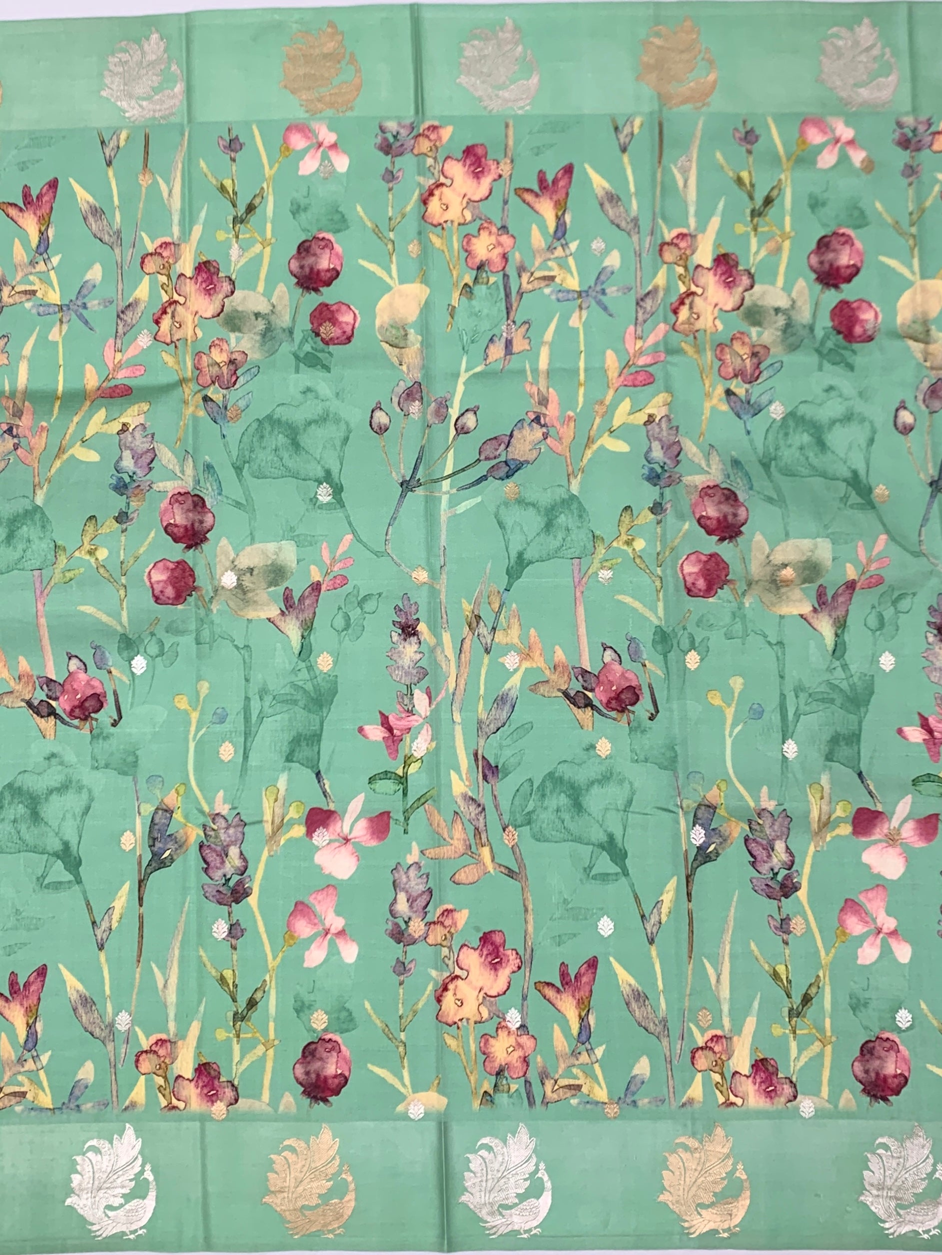 Floral Elegance: Printed Raw Mango  Silk Saree in Seafoam Green