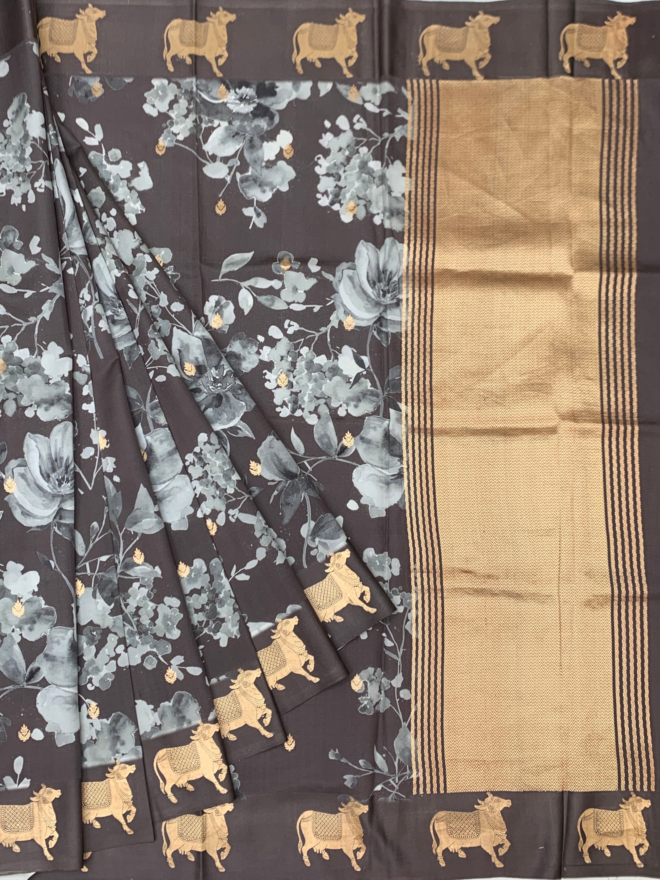 Printed Raw Mango Silk Saree with Cow Motifs