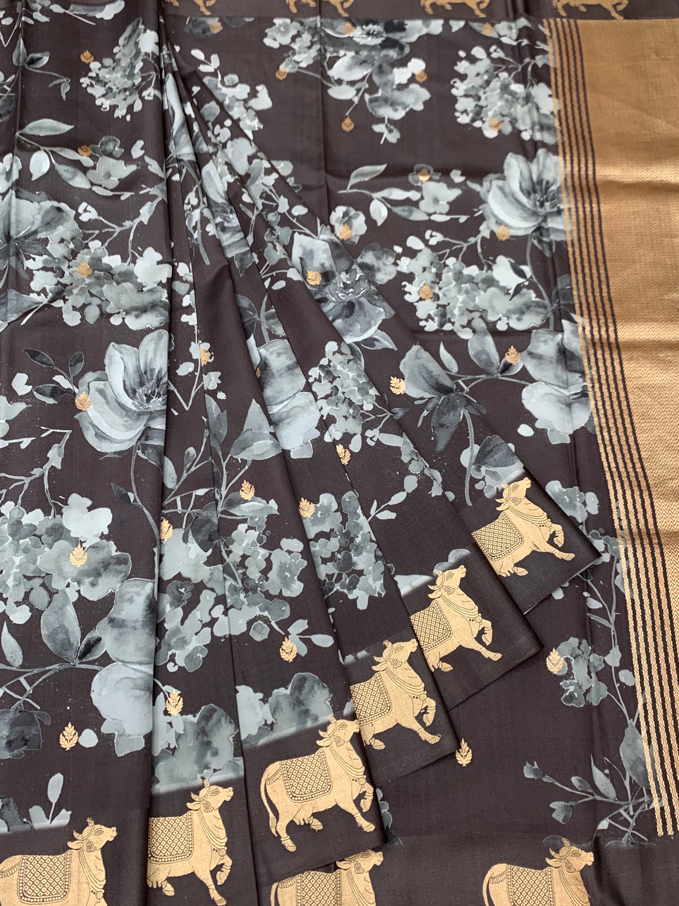 Printed Raw Mango Silk Saree with Cow Motifs