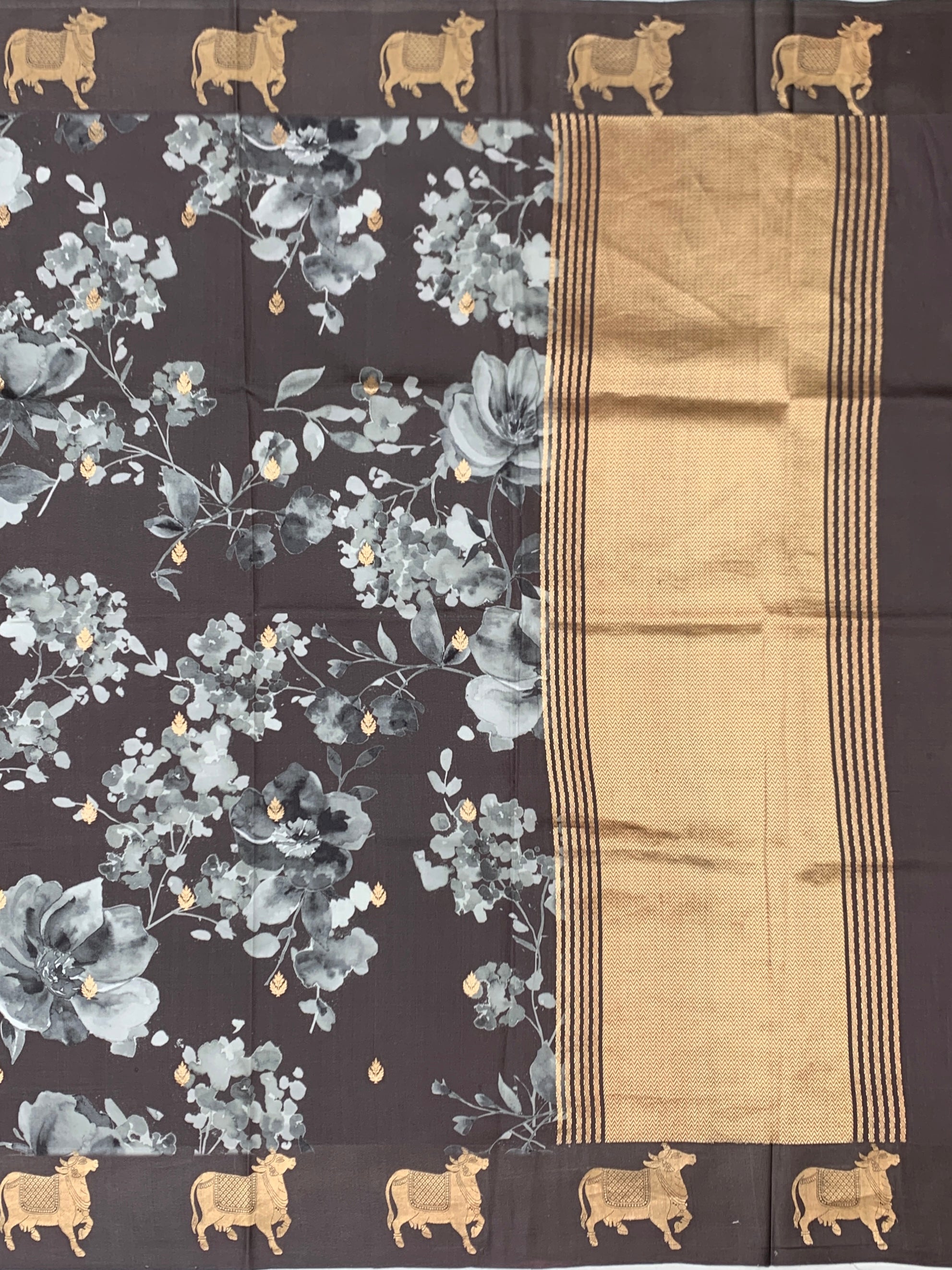 Printed Raw Mango Silk Saree with Cow Motifs