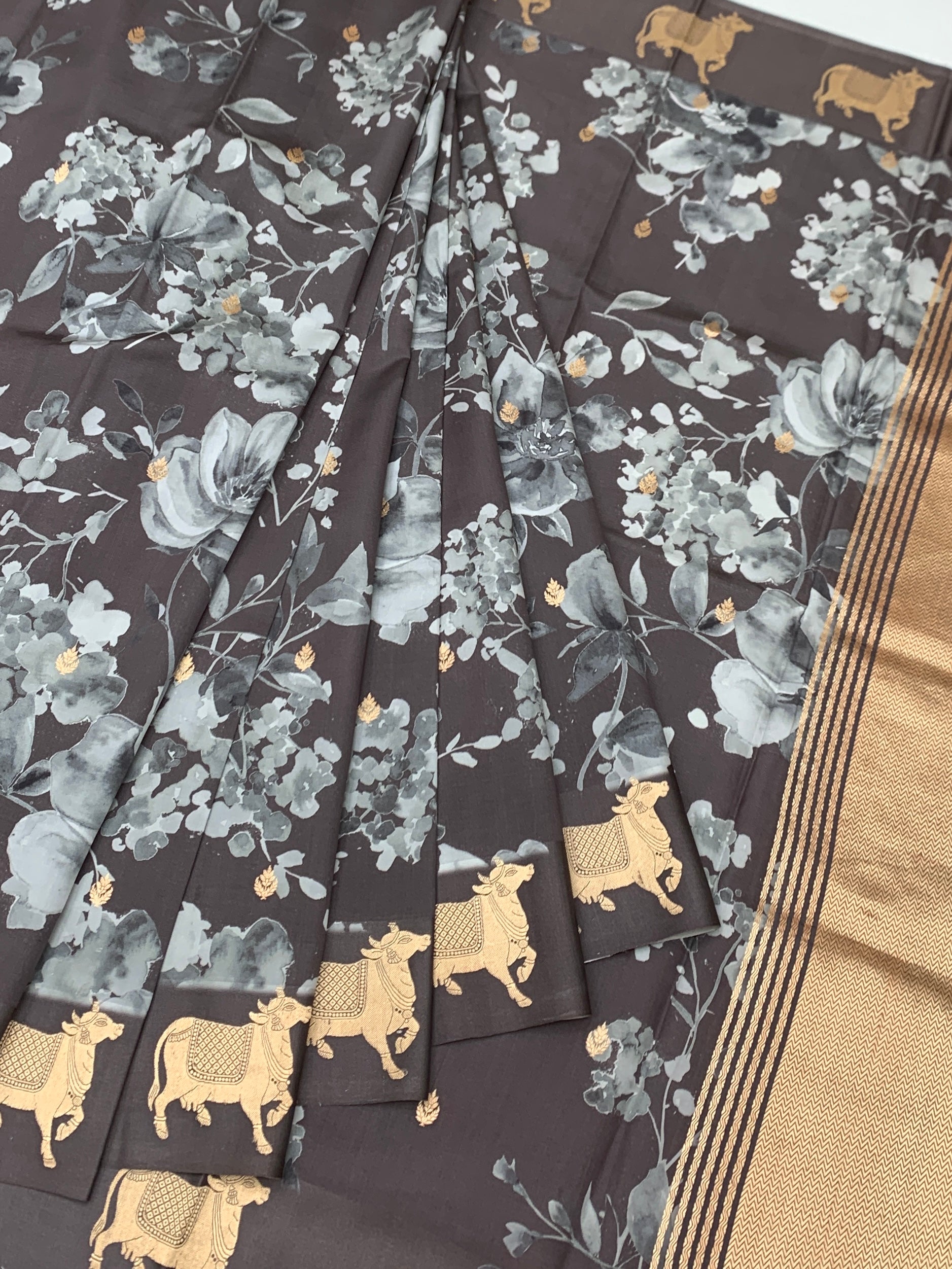 Printed Raw Mango Silk Saree with Cow Motifs