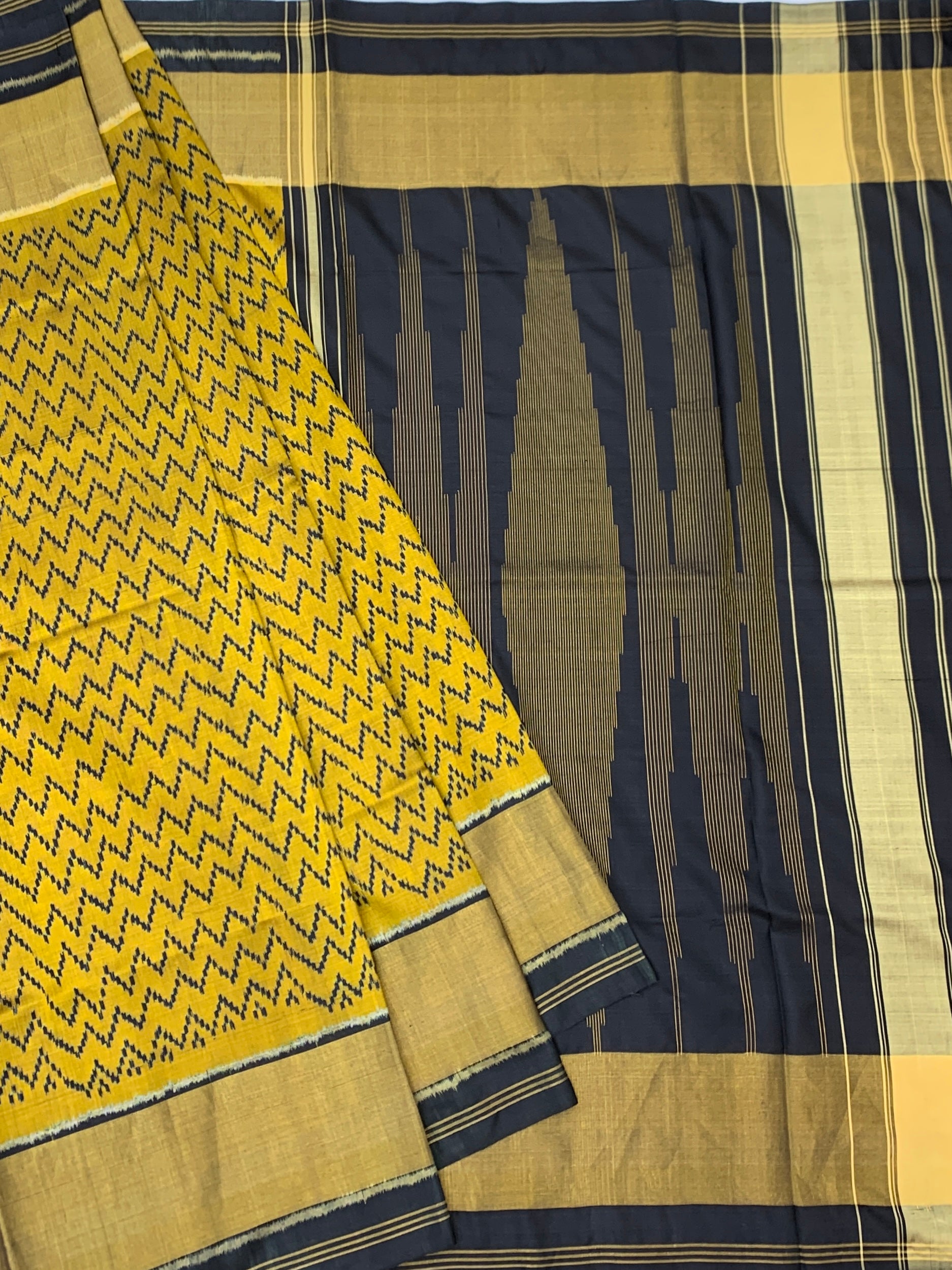Golden Mustard & Charcoal Black Chevron Rajkot Patola Saree