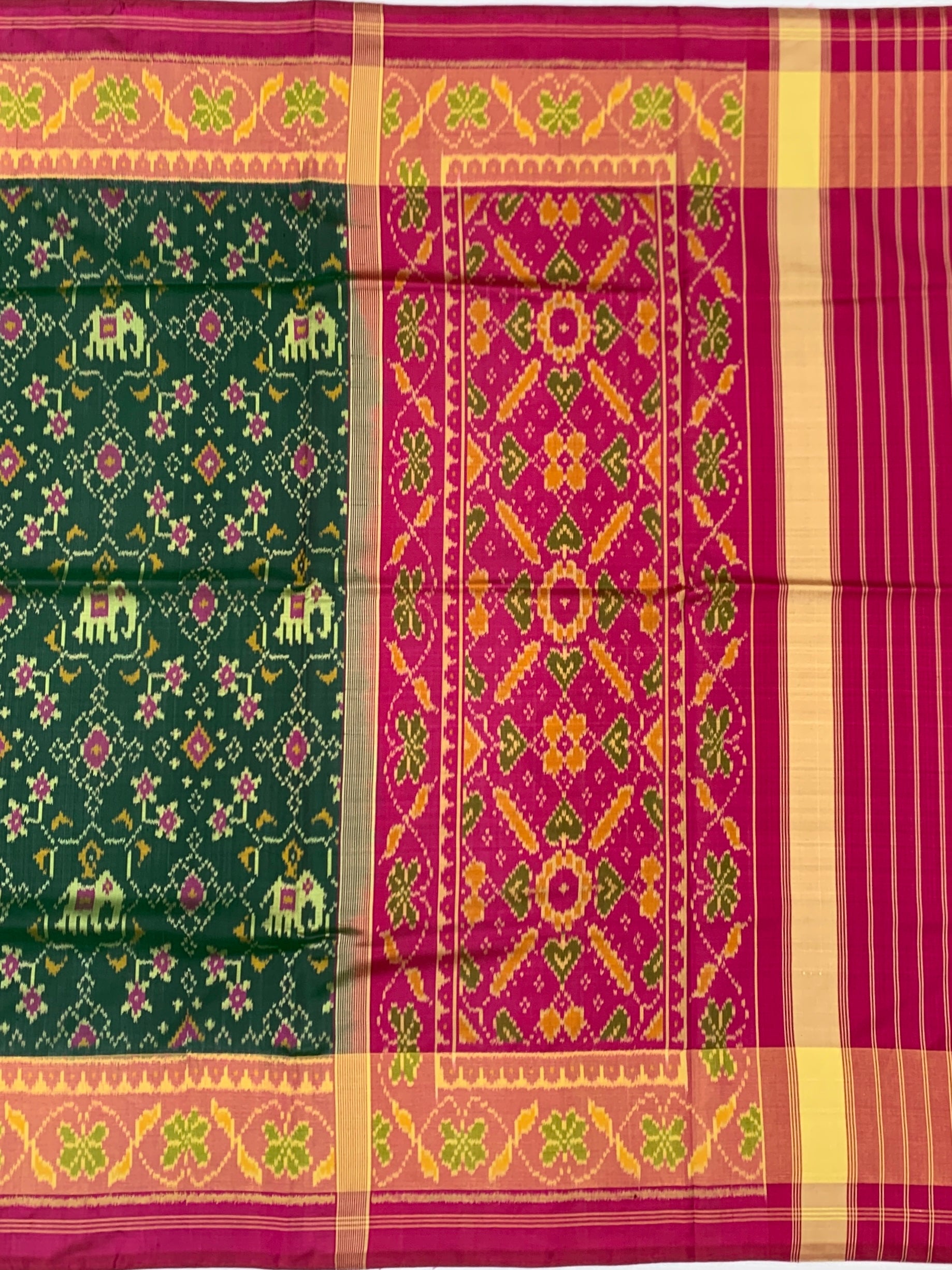 Imperial Bottle Green & Rani Pink Rajkot Patola Silk Saree