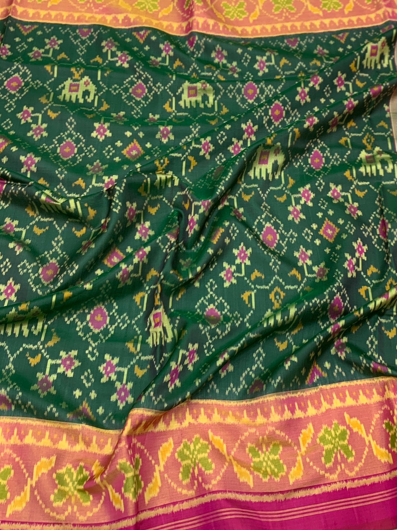 Imperial Bottle Green & Rani Pink Rajkot Patola Silk Saree