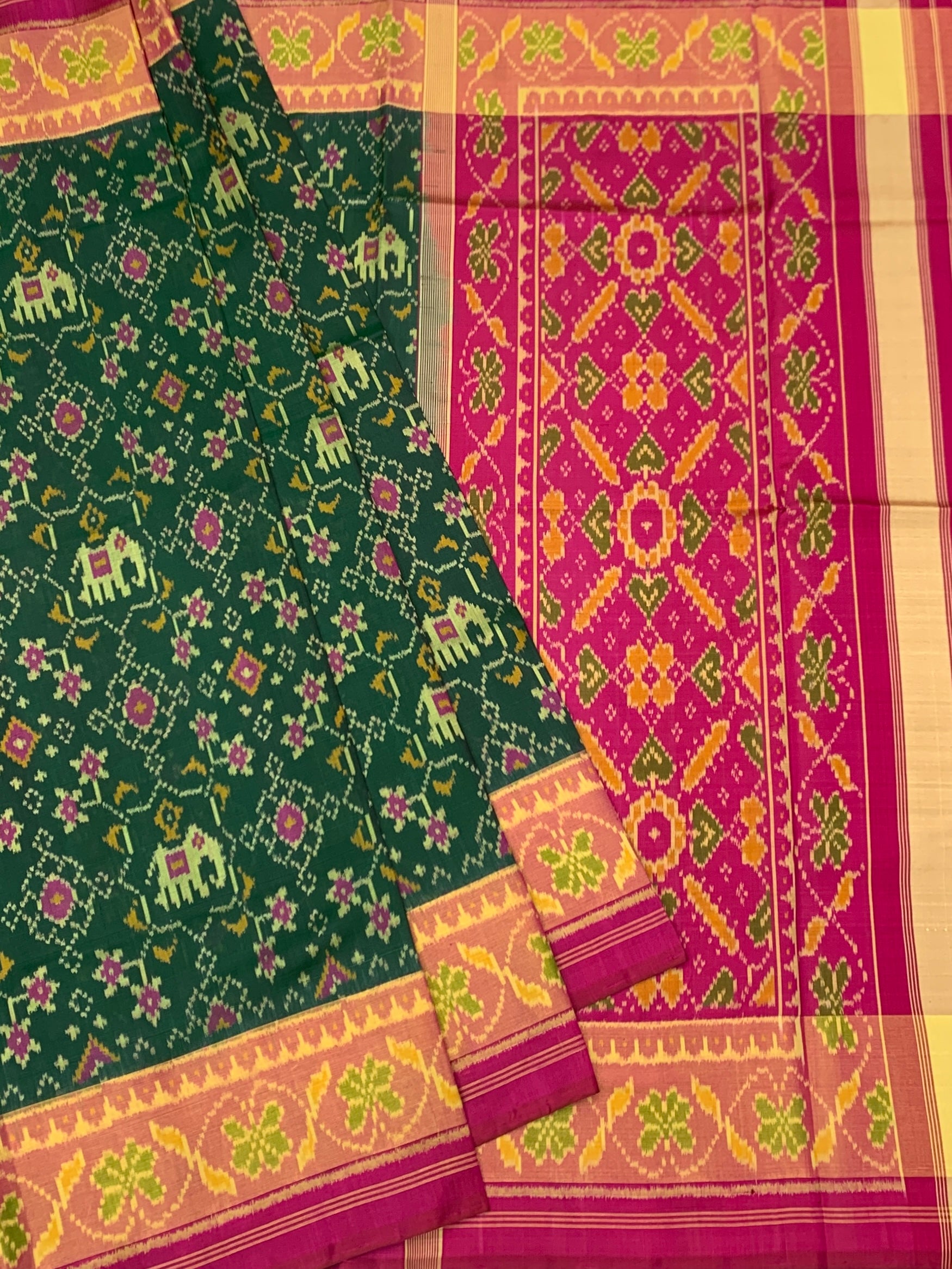 Imperial Bottle Green & Rani Pink Rajkot Patola Silk Saree
