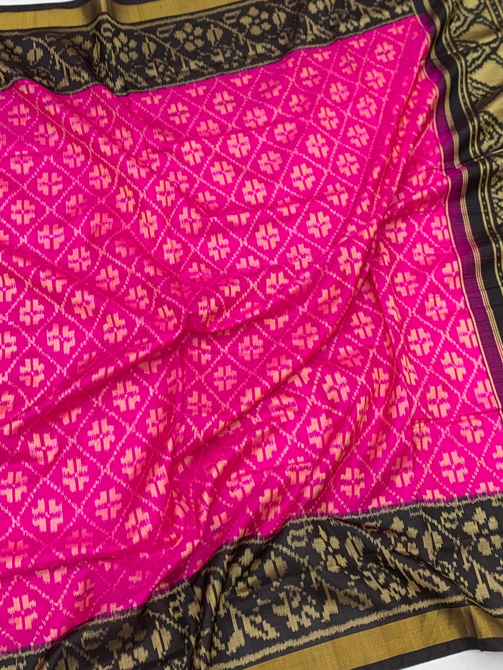 Radiant Magenta & Charcoal Black Rajkot Patola Silk Saree