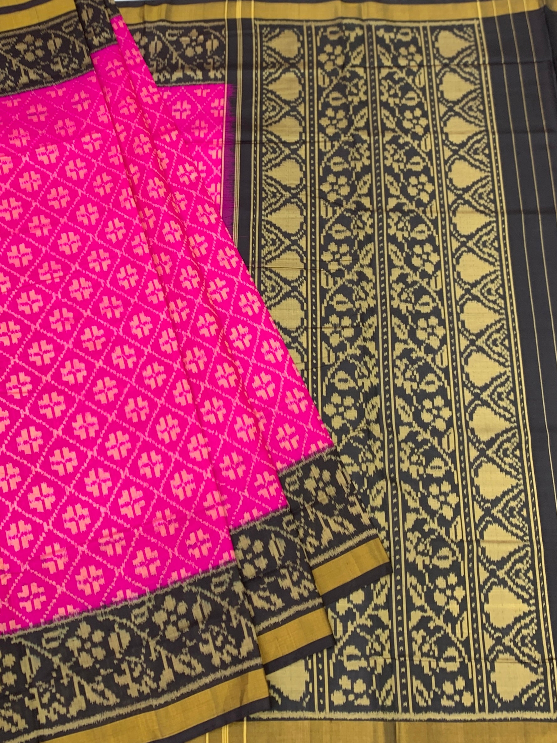 Radiant Magenta & Charcoal Black Rajkot Patola Silk Saree