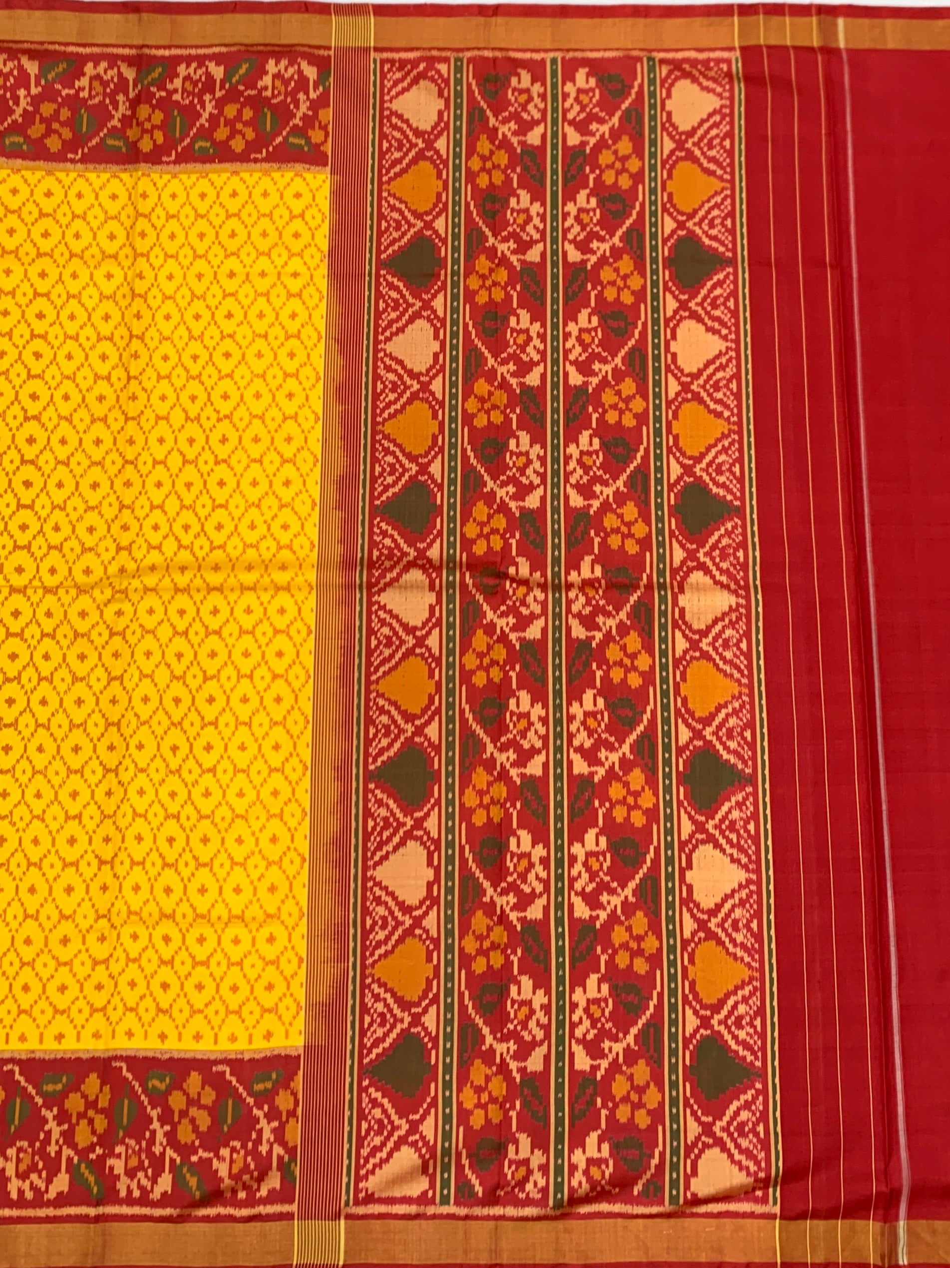 Exquisite Mustard Yellow & Crimson Rajkot Patola Silk Saree