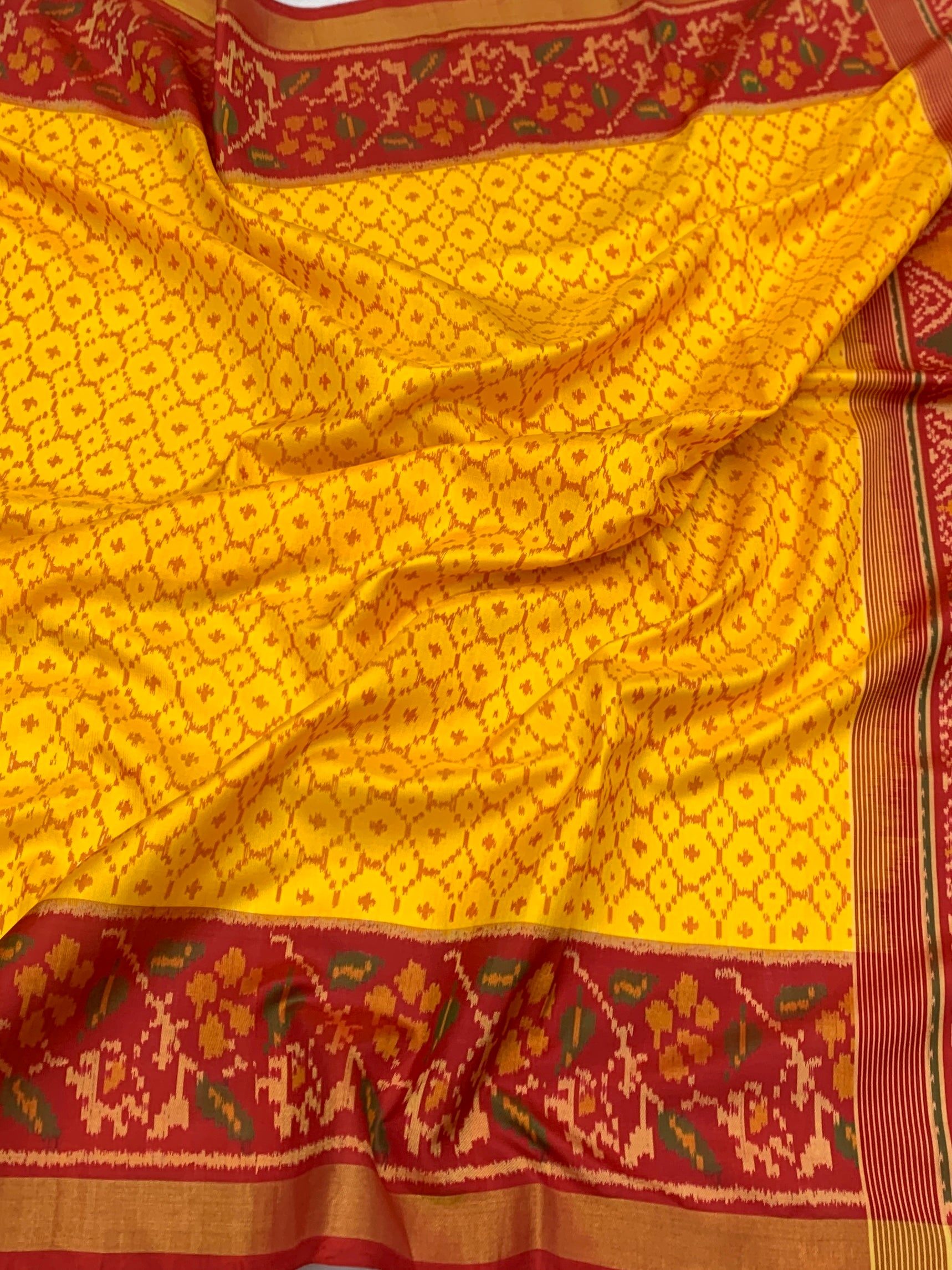 Exquisite Mustard Yellow & Crimson Rajkot Patola Silk Saree