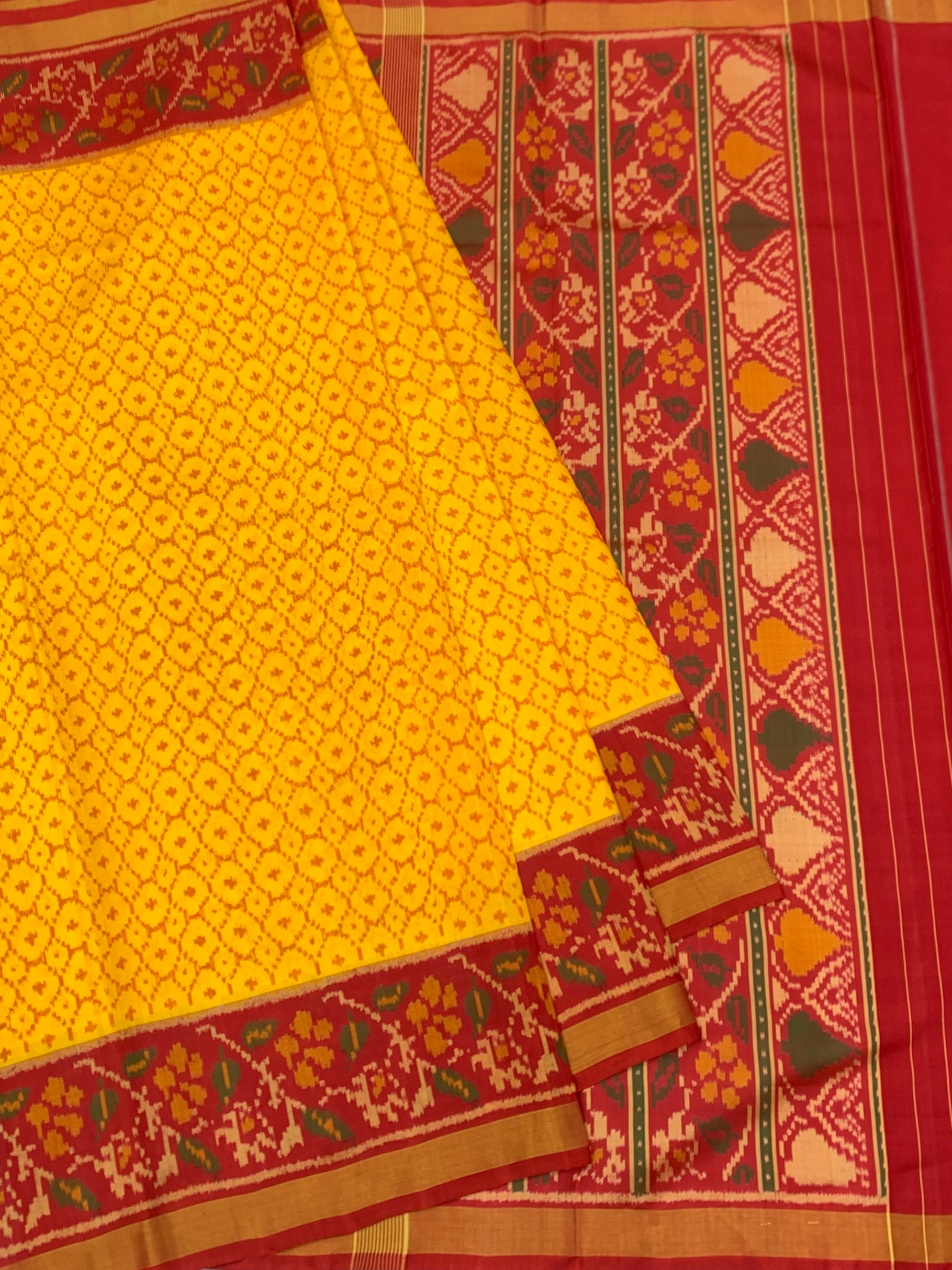 Exquisite Mustard Yellow & Crimson Rajkot Patola Silk Saree