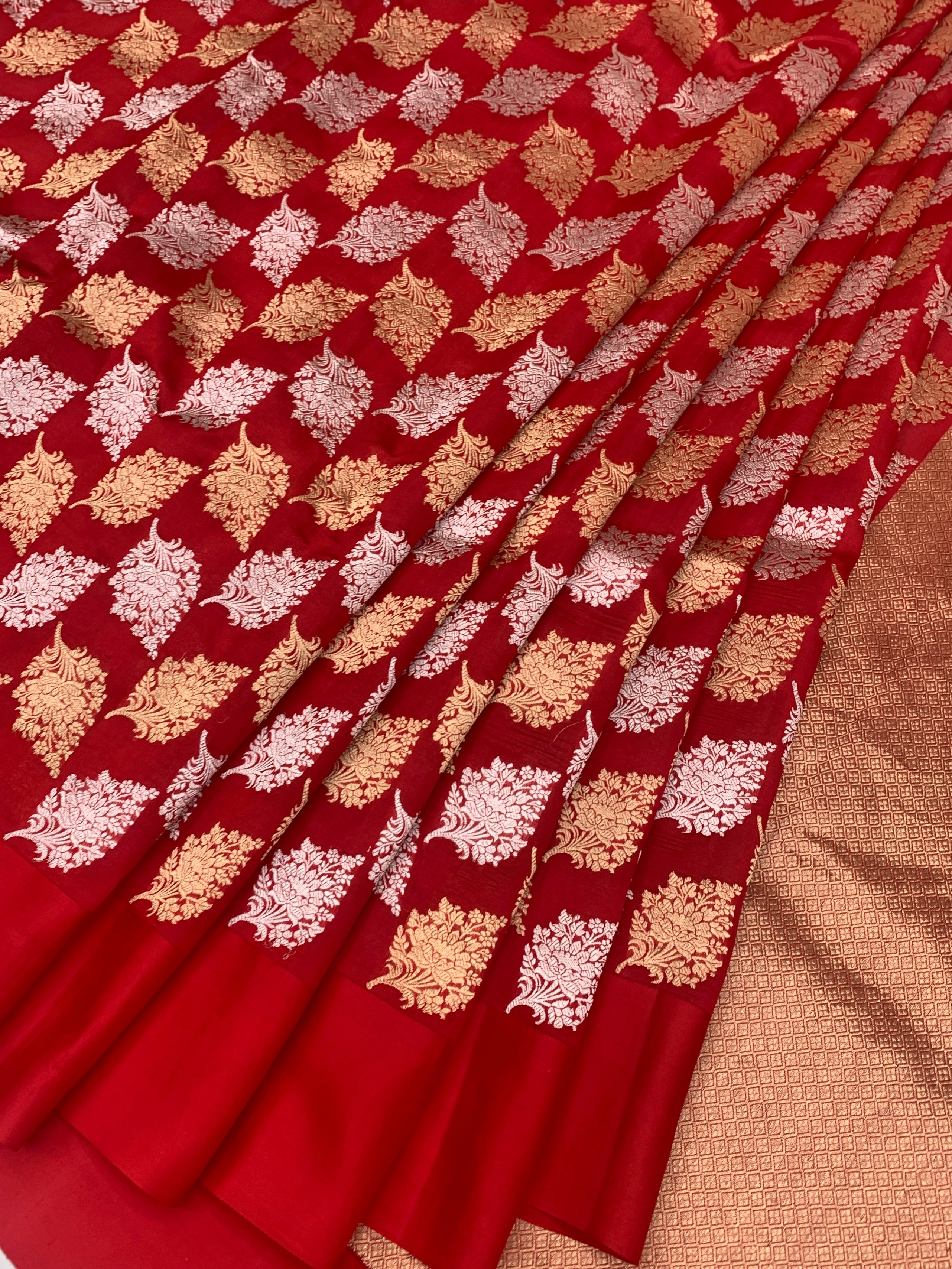 Crimson Radiance:Raw Mango Chanderi Silk Saree with Zari Motifs