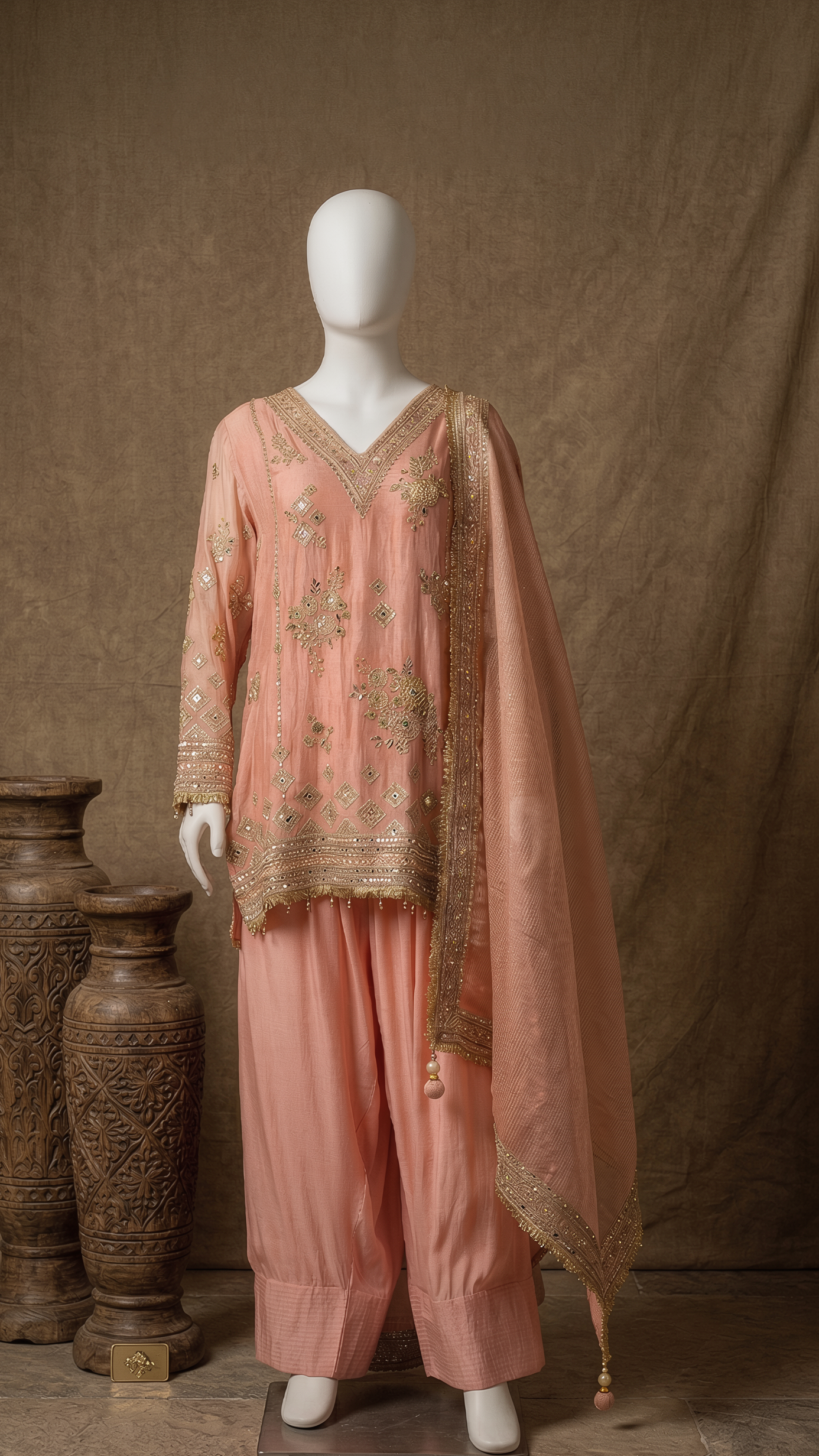 Regal Peach Hand-Embellished Silk Tissue Straight Suit Set