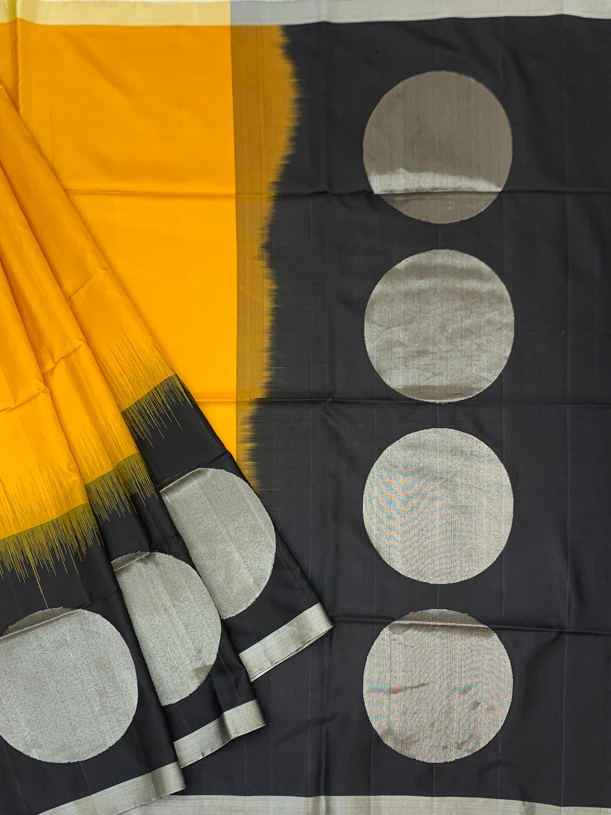 Vibrant Mustard & Charcoal Black Soft Silk Saree with Silver Moon Motifs