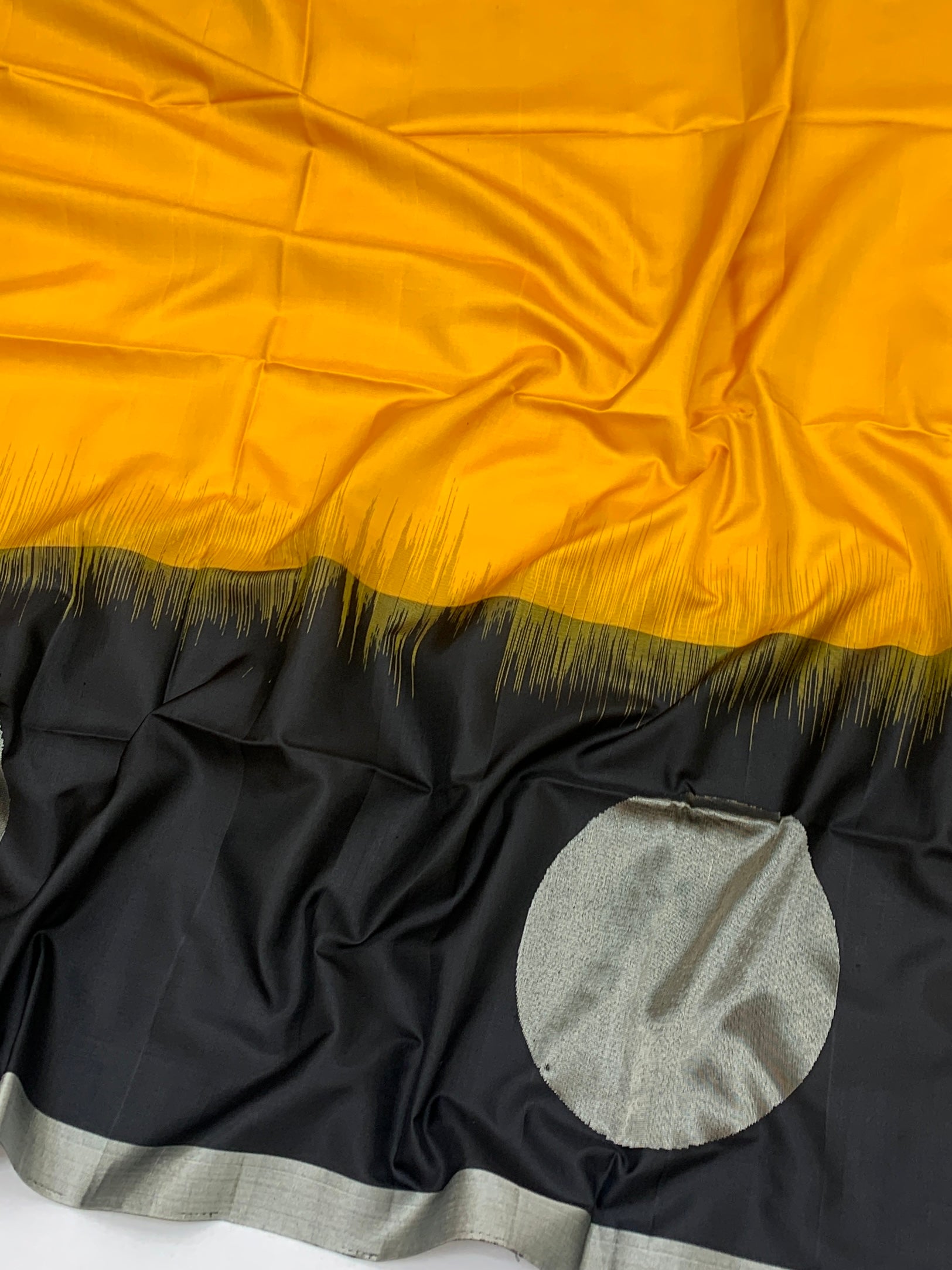 Vibrant Mustard & Charcoal Black Soft Silk Saree with Silver Moon Motifs