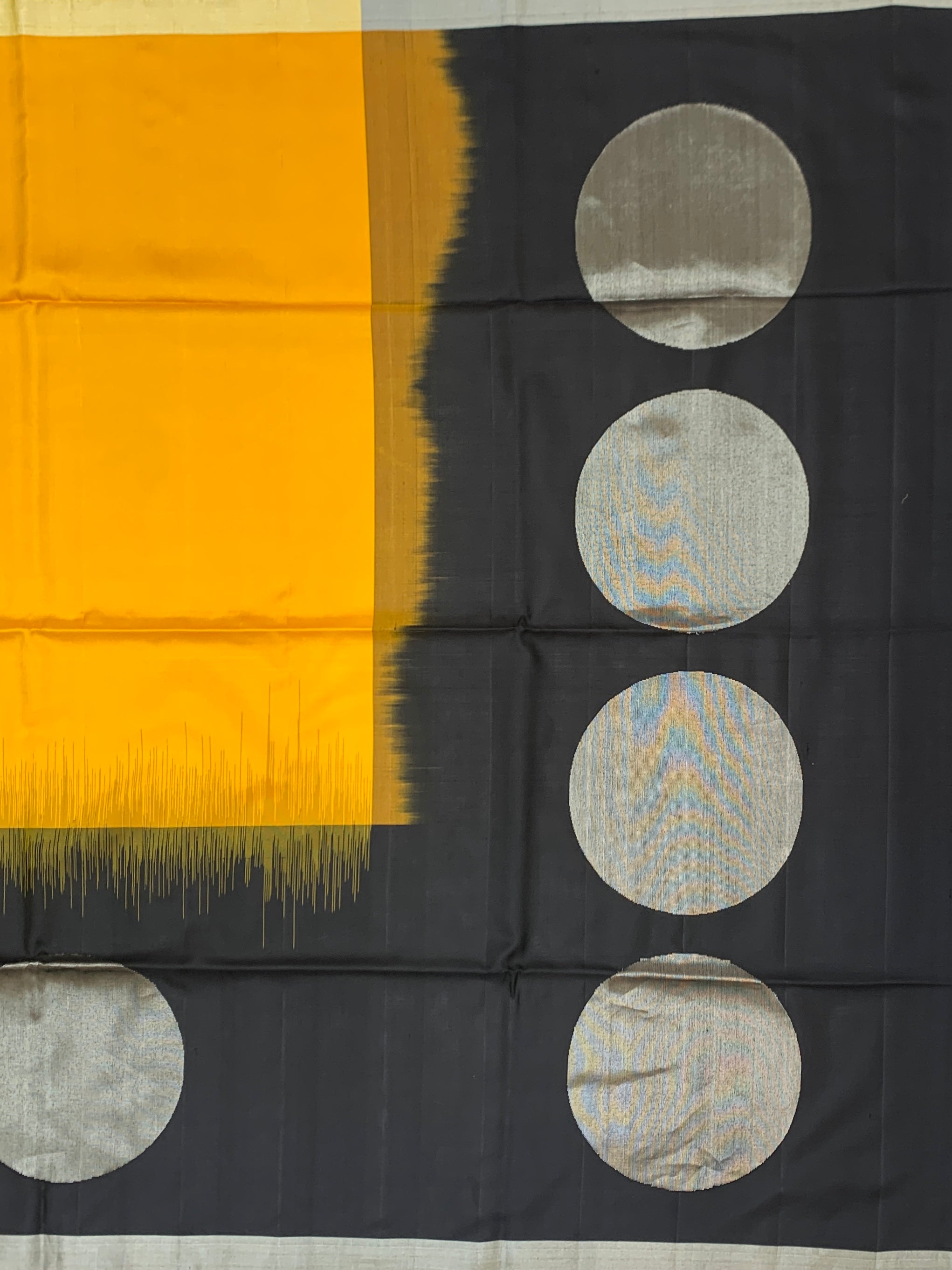 Vibrant Mustard & Charcoal Black Soft Silk Saree with Silver Moon Motifs