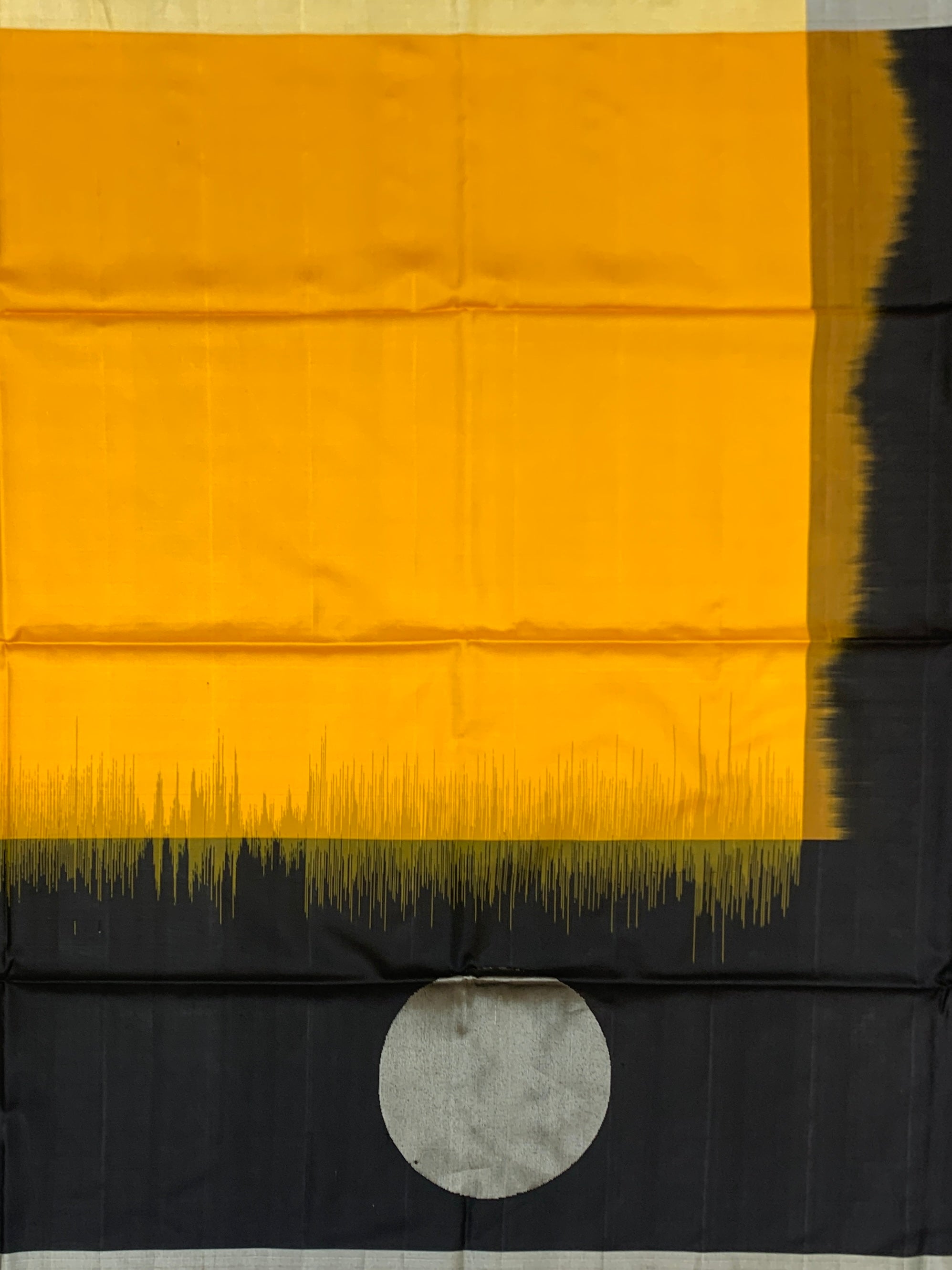 Vibrant Mustard & Charcoal Black Soft Silk Saree with Silver Moon Motifs