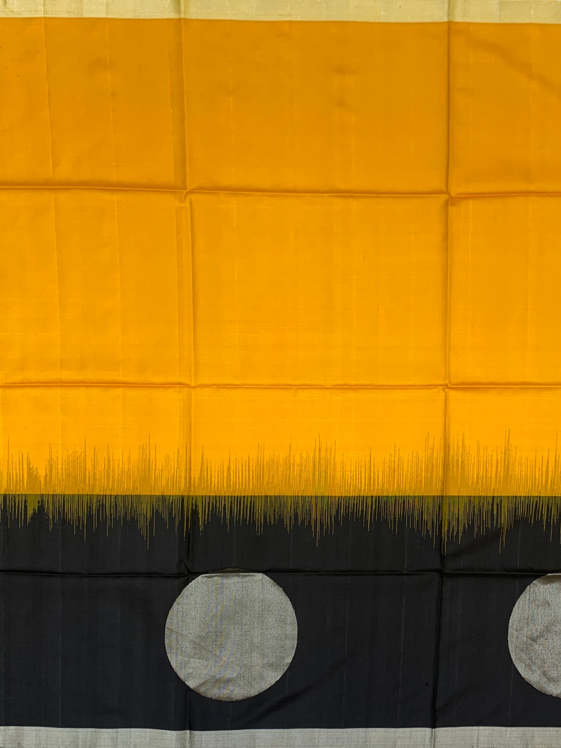 Vibrant Mustard & Charcoal Black Soft Silk Saree with Silver Moon Motifs
