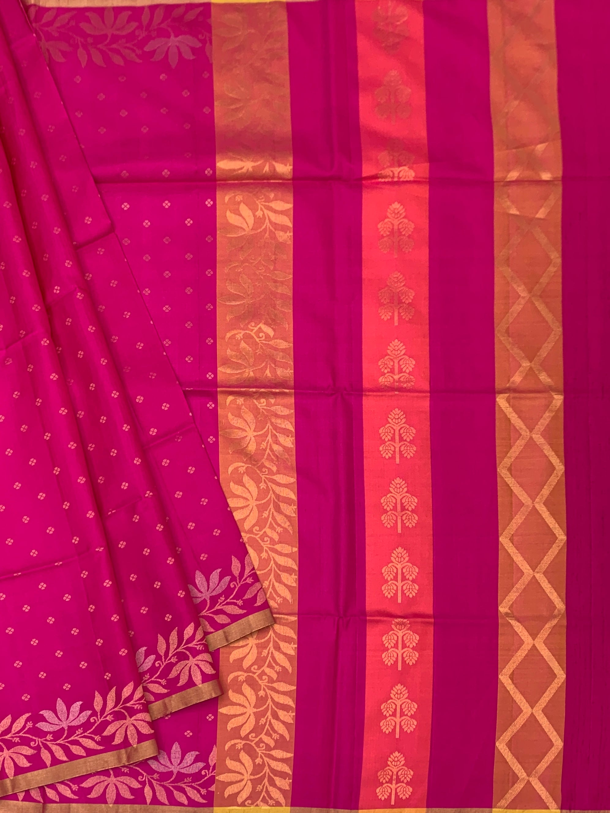 Radiant Magenta Soft Silk Saree with Floral Zari Borders