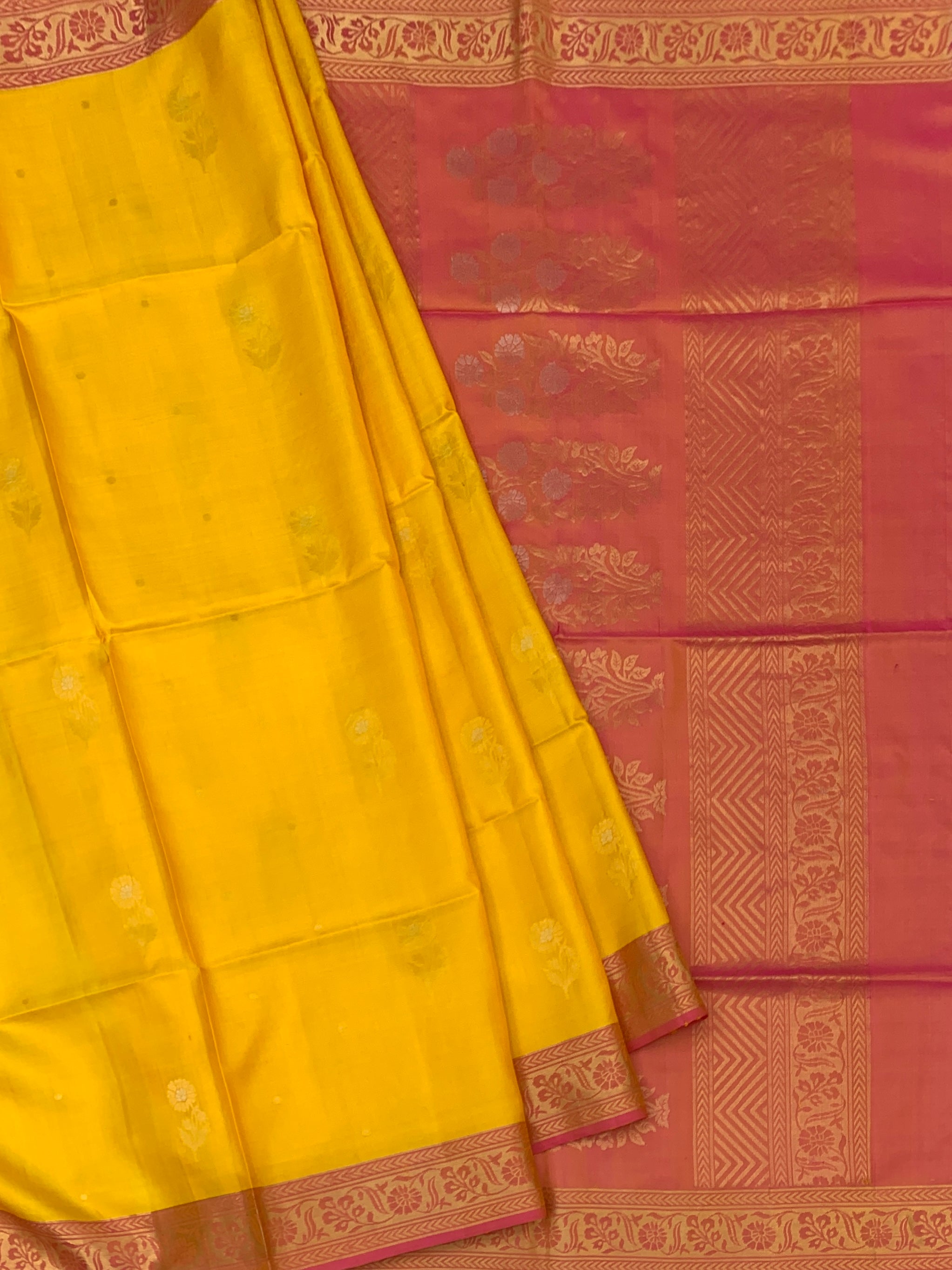 Radiant Mango Yellow & Peach-Pink Soft Silk Saree