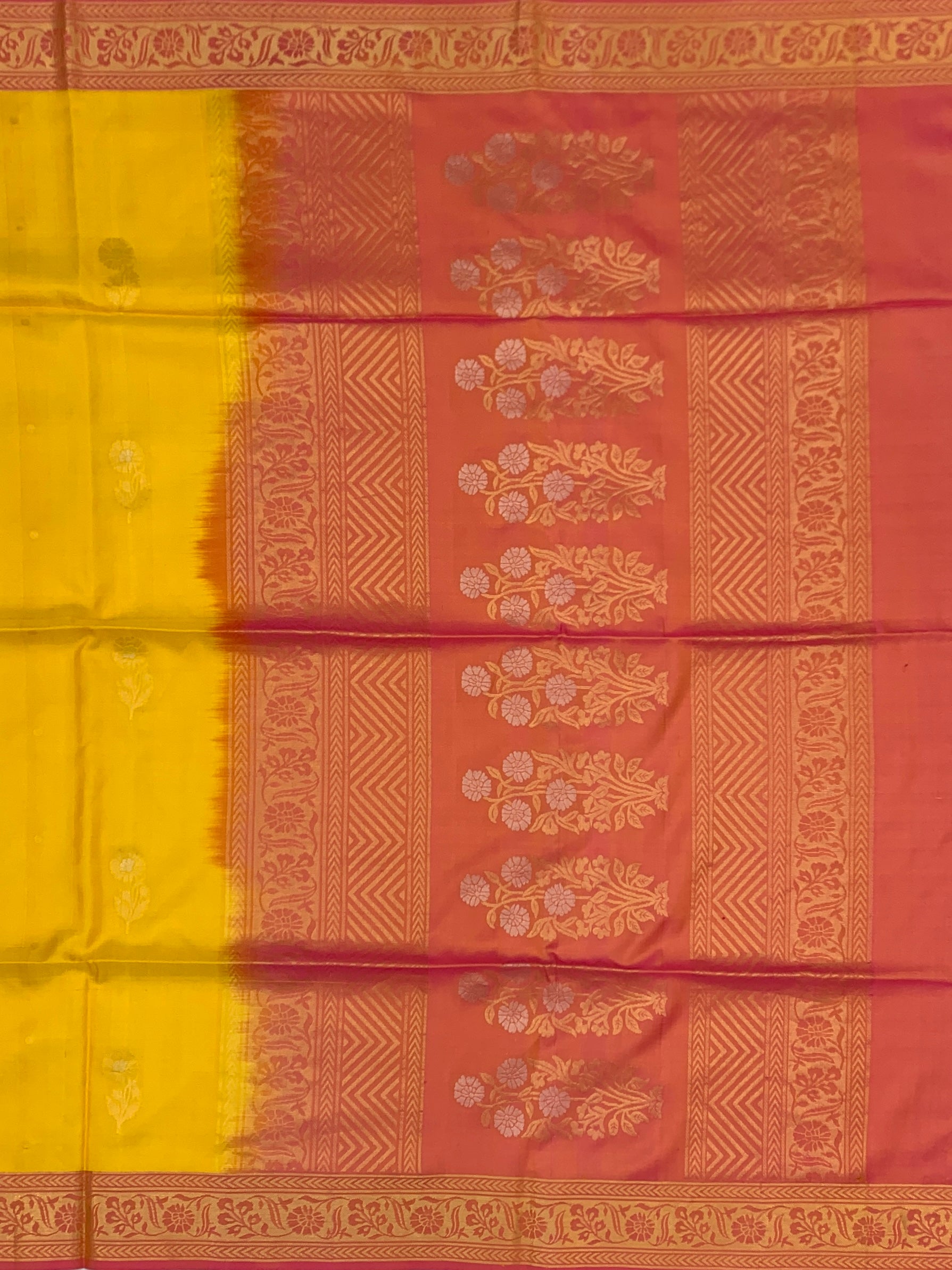 Radiant Mango Yellow & Peach-Pink Soft Silk Saree