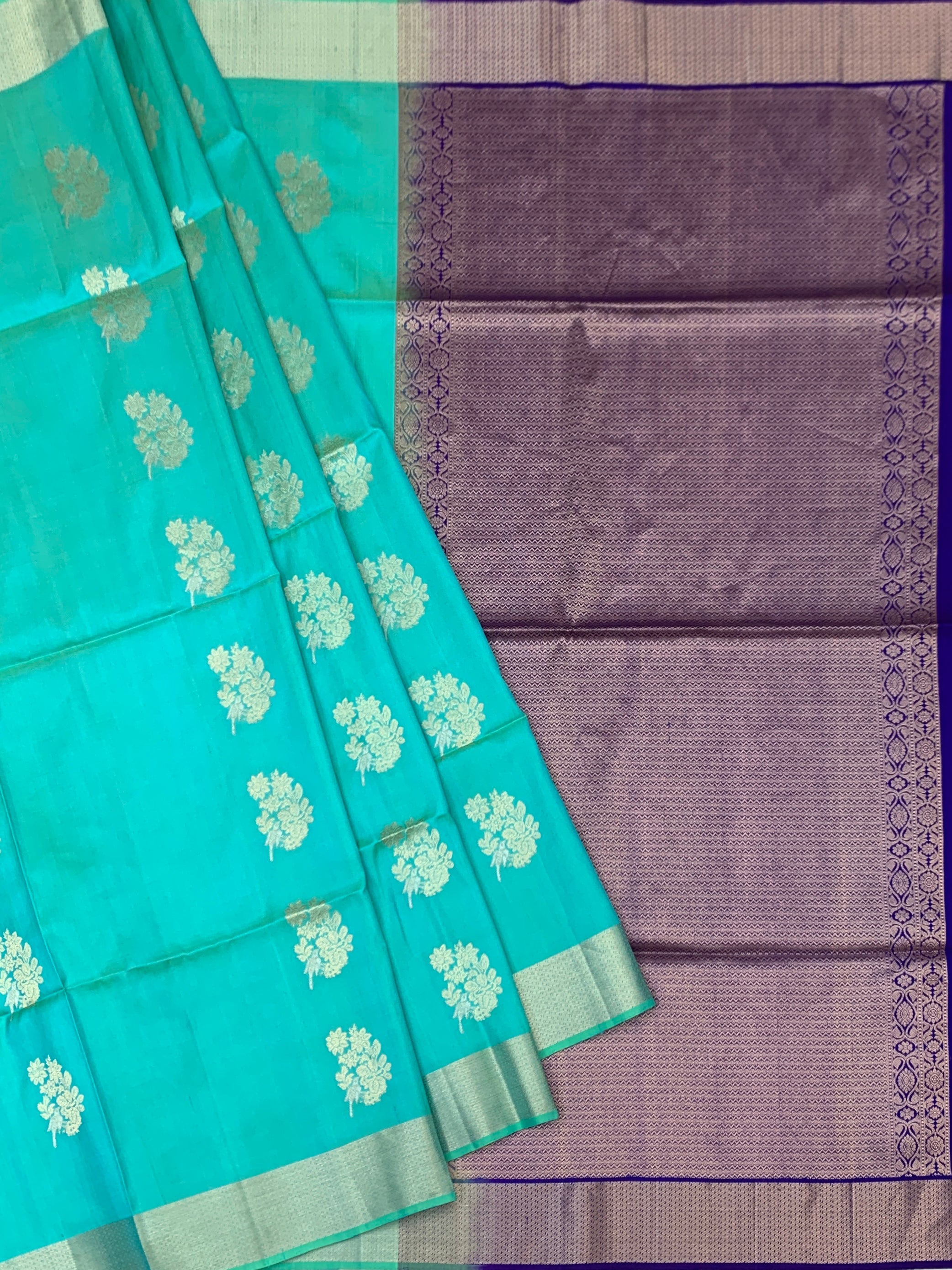 Exquisite Seafoam Teal & Royal Purple Soft Silk Saree