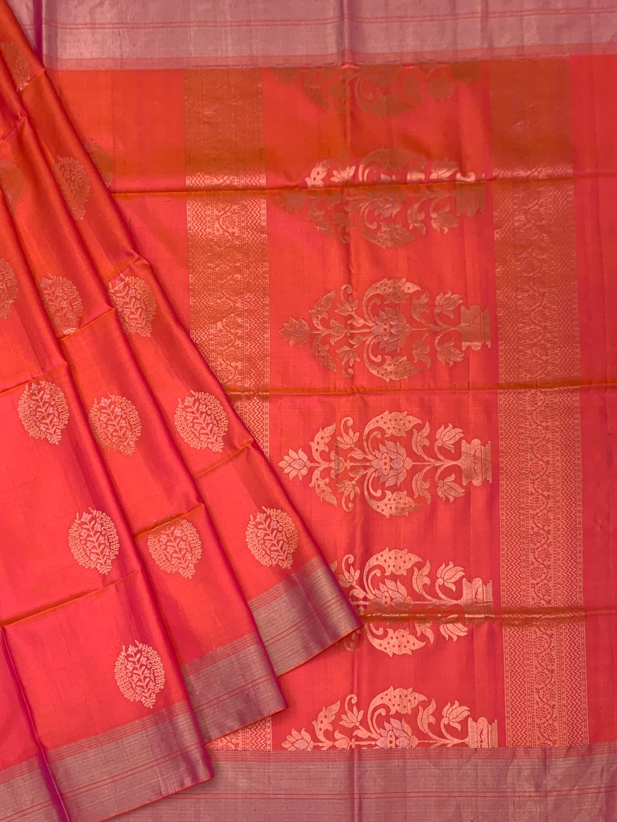 Pastel Peach Soft Silk Saree with Silver-Gold Zari Weave