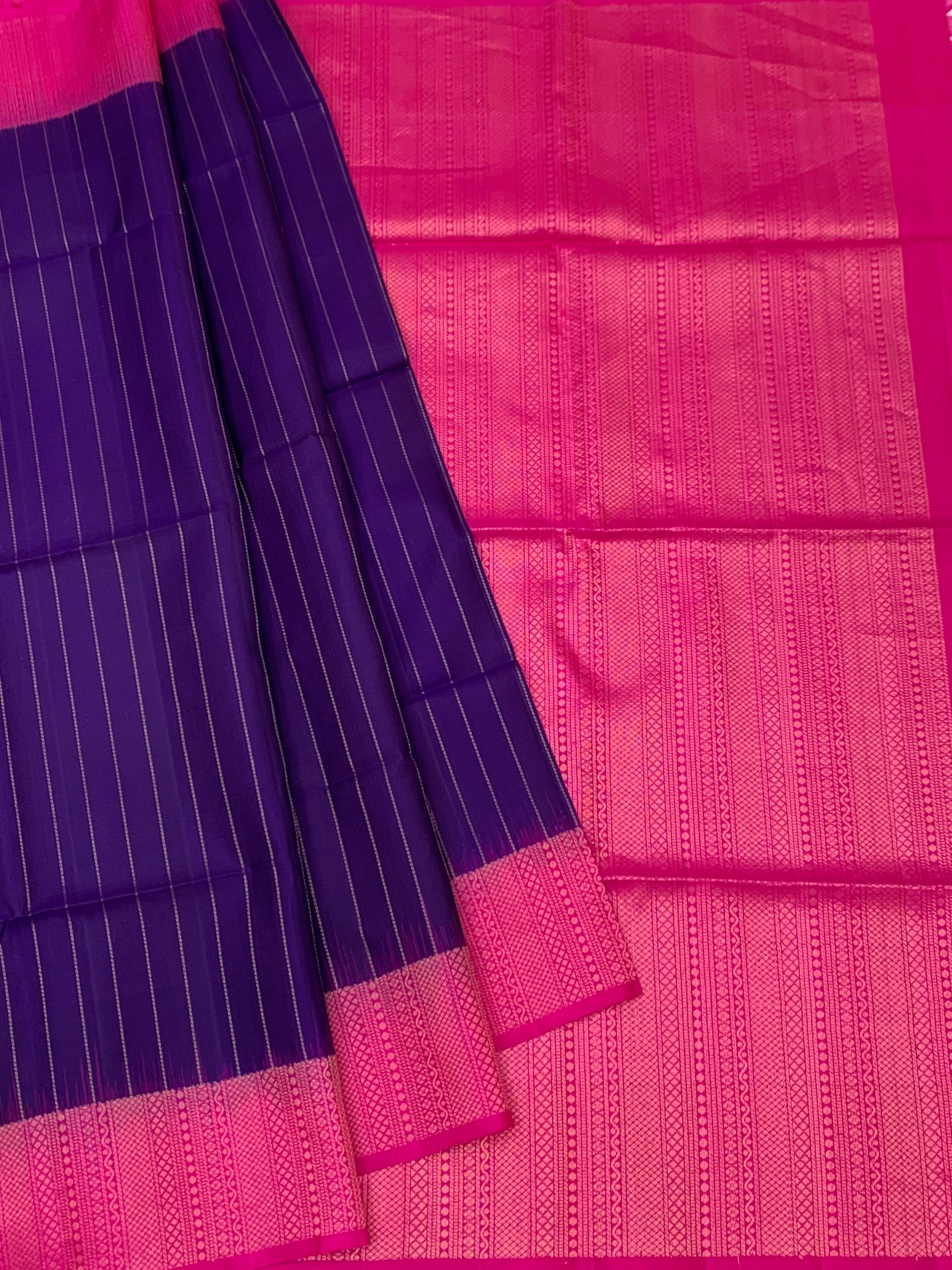 Royal Indigo & Rani Pink Soft Silk Saree with Zari Pinstripes