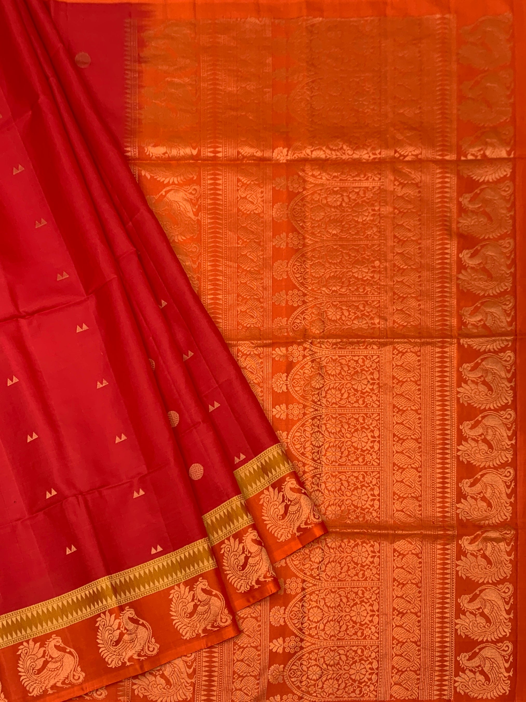 Dual-Tone Red & Orange Soft Silk Saree with Woven Peacock Motifs